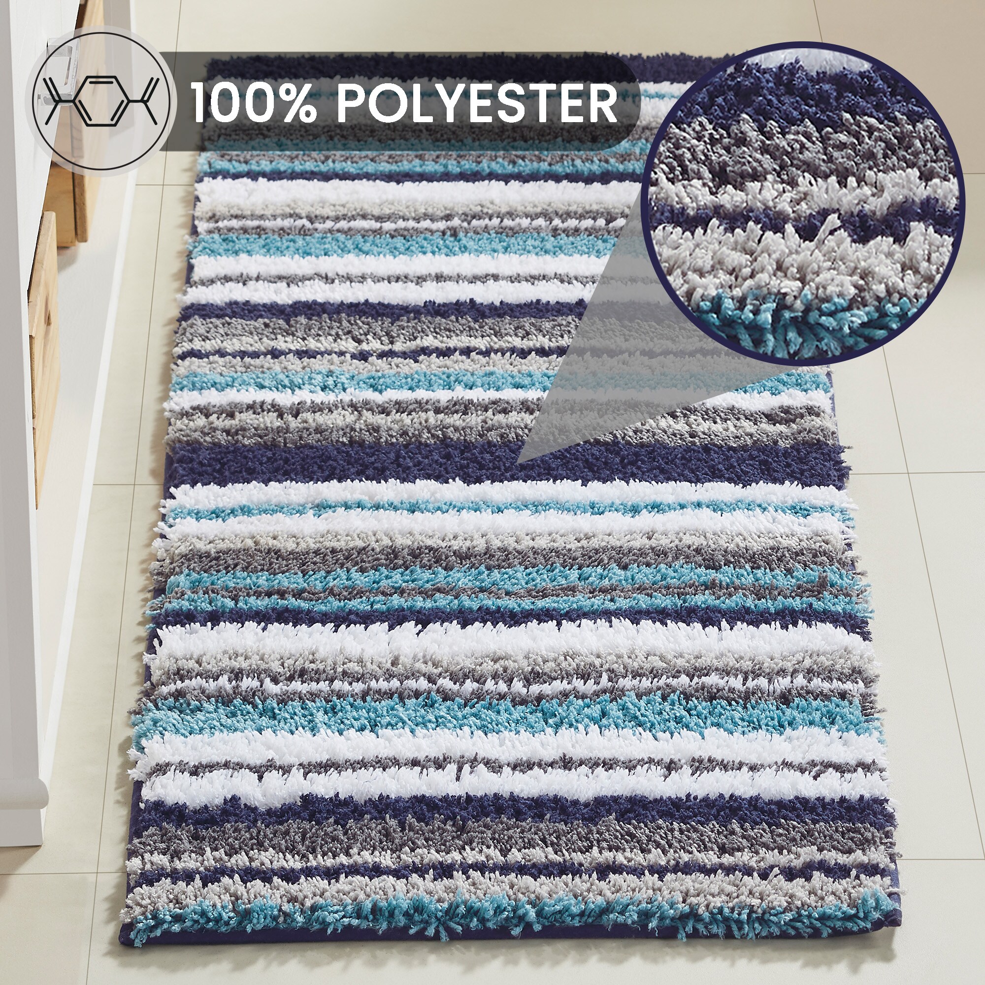Griffie Blue and Gray Polyester Striped Bath Runner Rug
