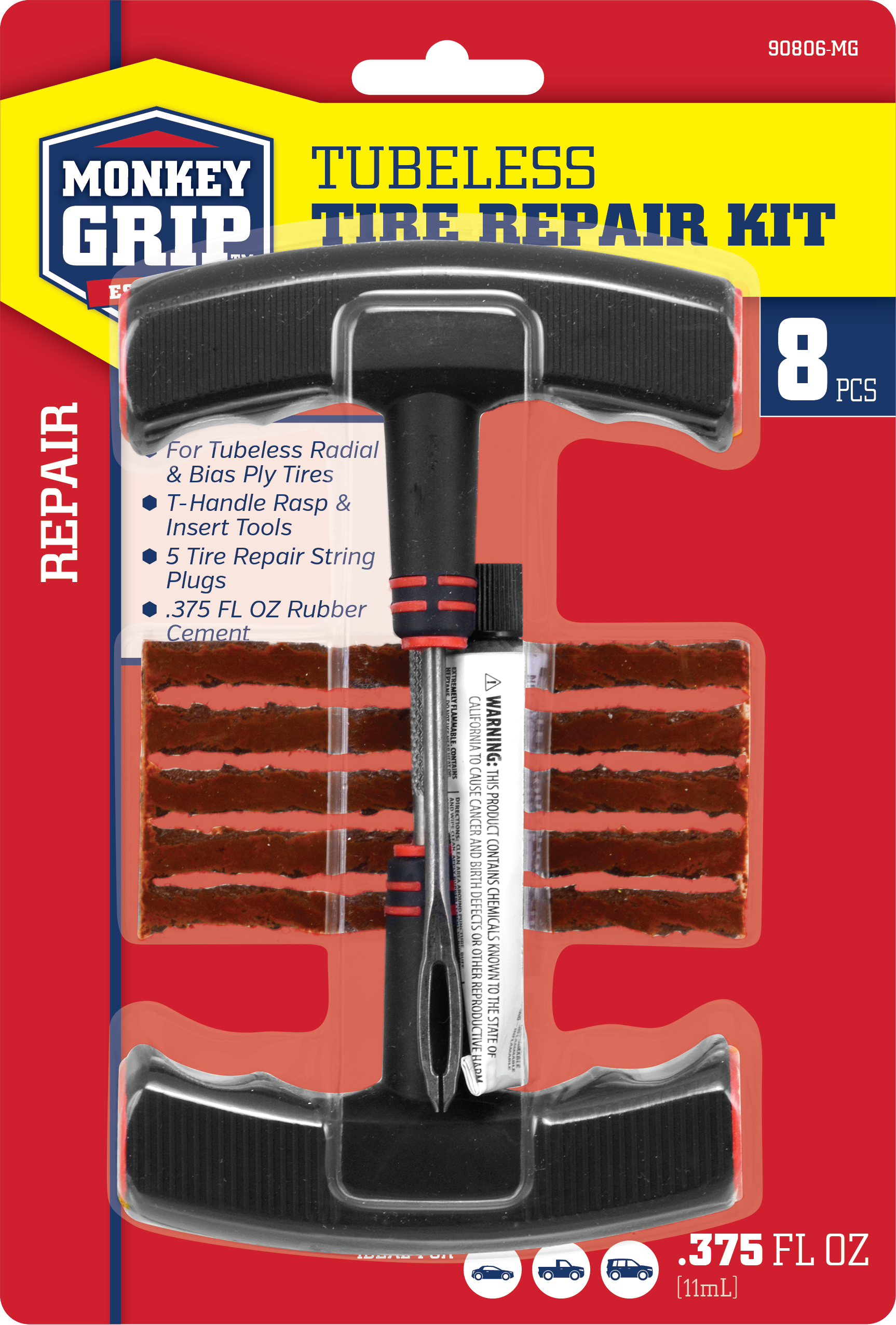 Monkey Grip Heavy Duty Tire Repair Kit - Co-Molded T-Handle Tools, 5 Plugs,  Rubber Cement
