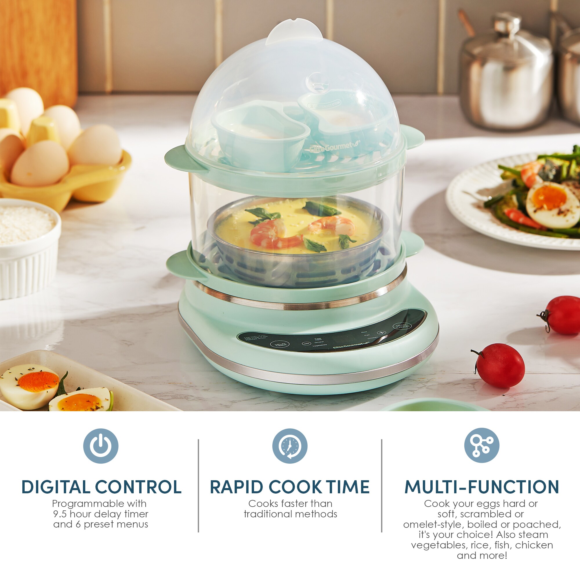 Elite Gourmet Programmable 2 Tier Egg Cooker Steamer, Elite Gourmet 14 egg  easy cooker review
