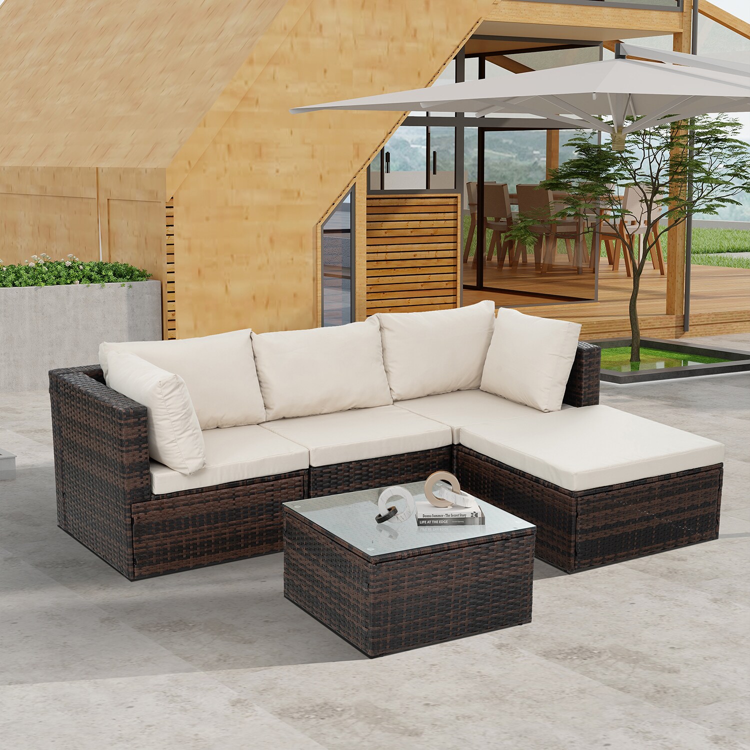 Mondawe ZY-535-077 5-Piece Rattan Patio Conversation Set with Off-white Cushions
