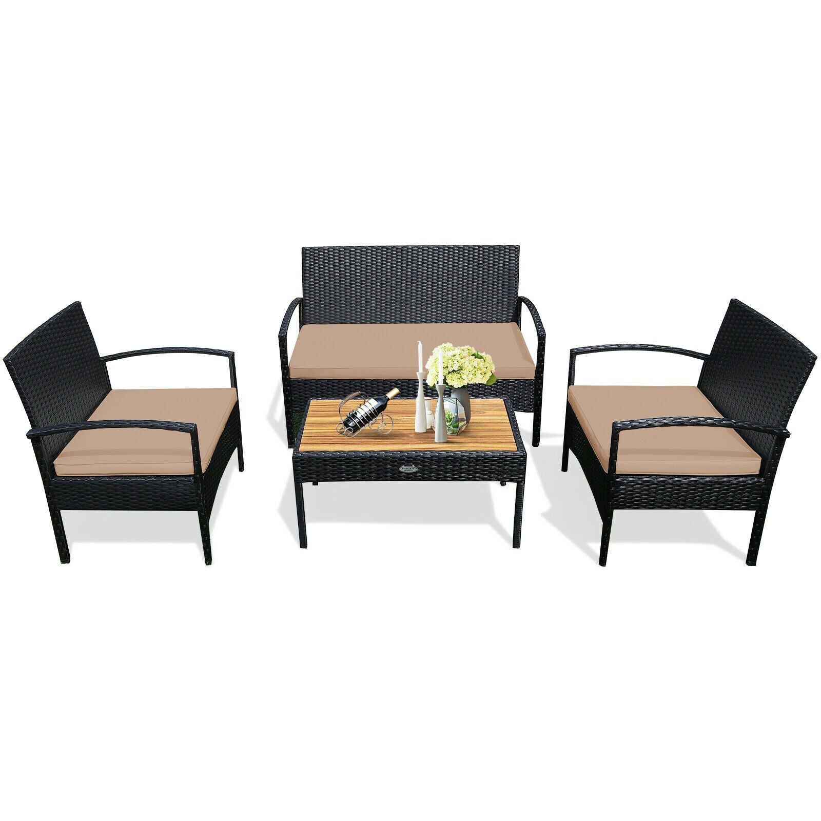 CASAINC WF-HW67328BN Patio conversation-Set 4-Piece Rattan Patio Conversation Set with Brown Cushions