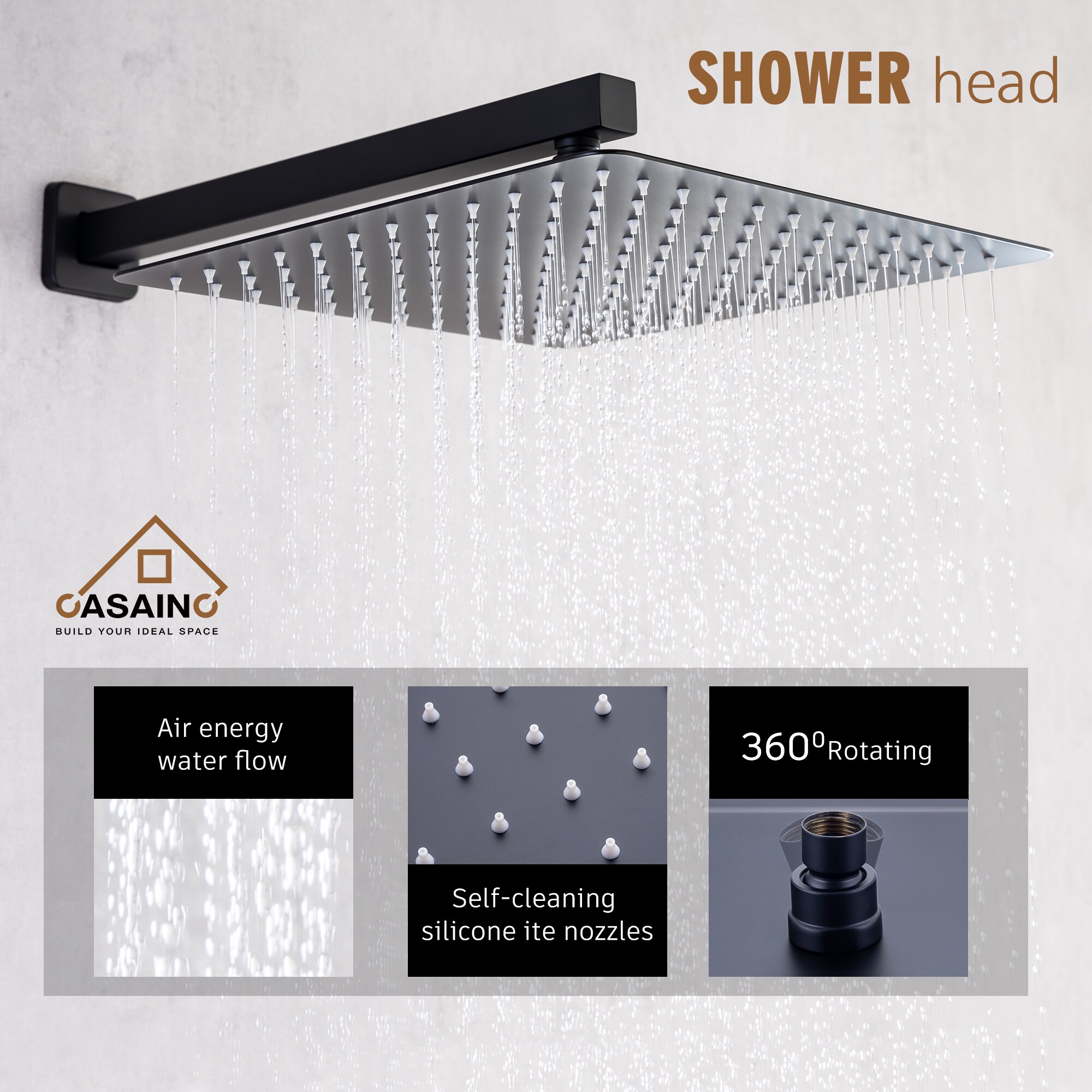 CASAINC Matte Black Dual Head Waterfall Shower Bar System with 2-way ...