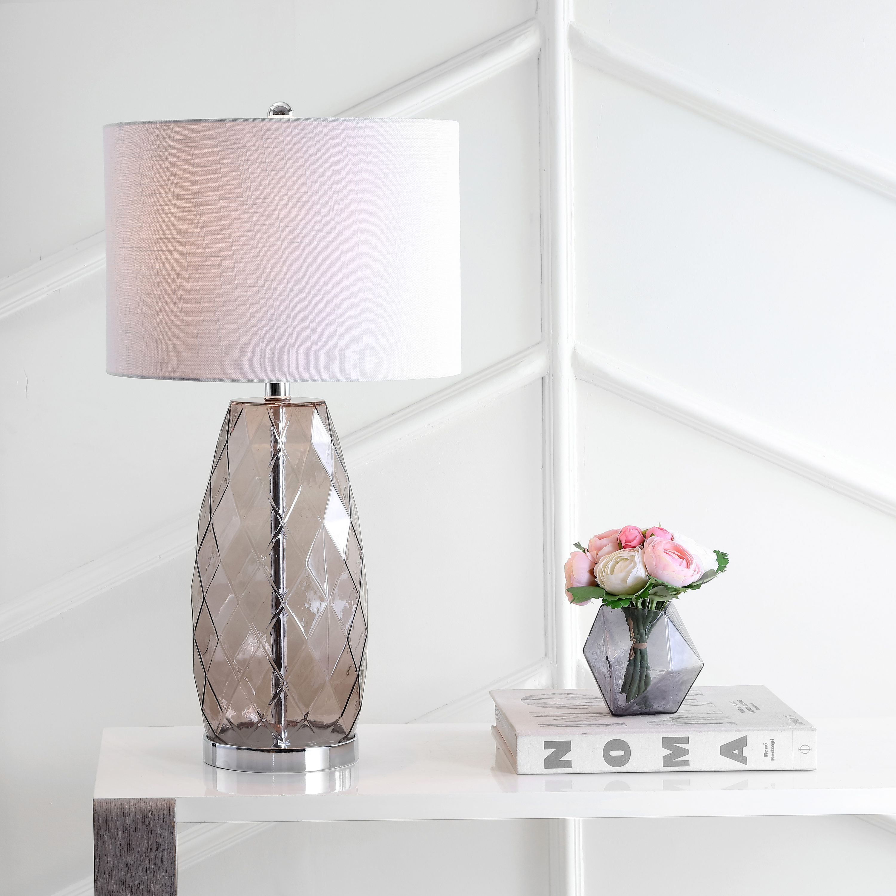 JONATHAN  Y JYL4009A Juliette Glass/Metal Transitional 26.5-in Smoked Gray LED Incandescent Rotary socket Table Lamp with Linen Shade
