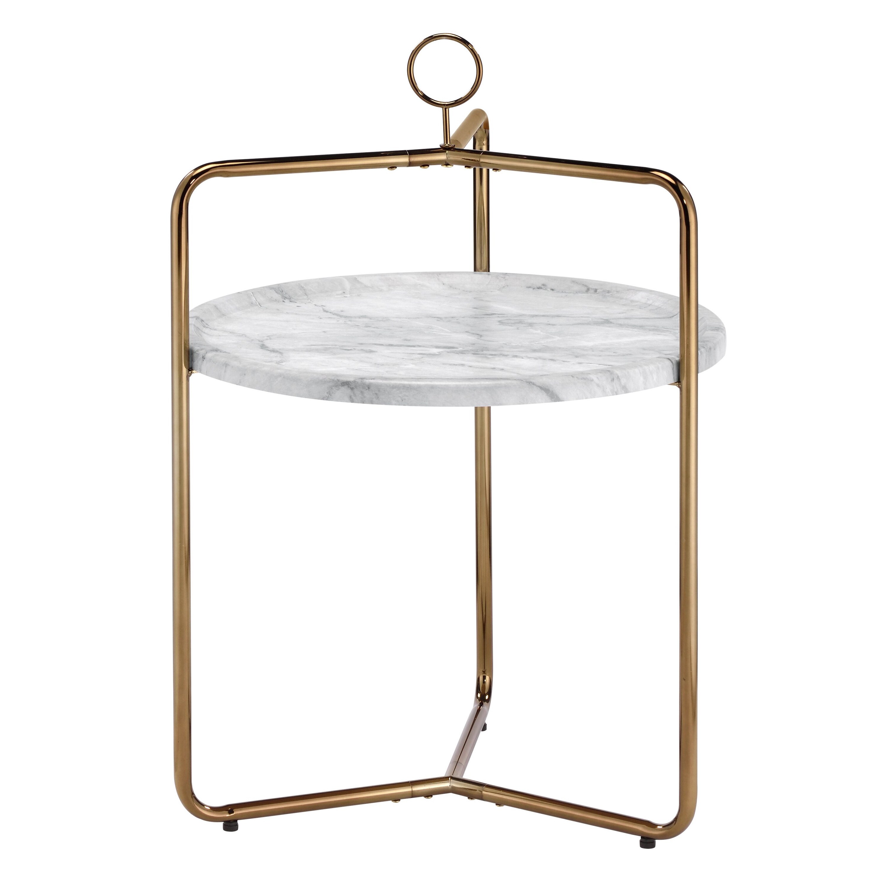White Faux Marble and Gold Metal Round Side Table
