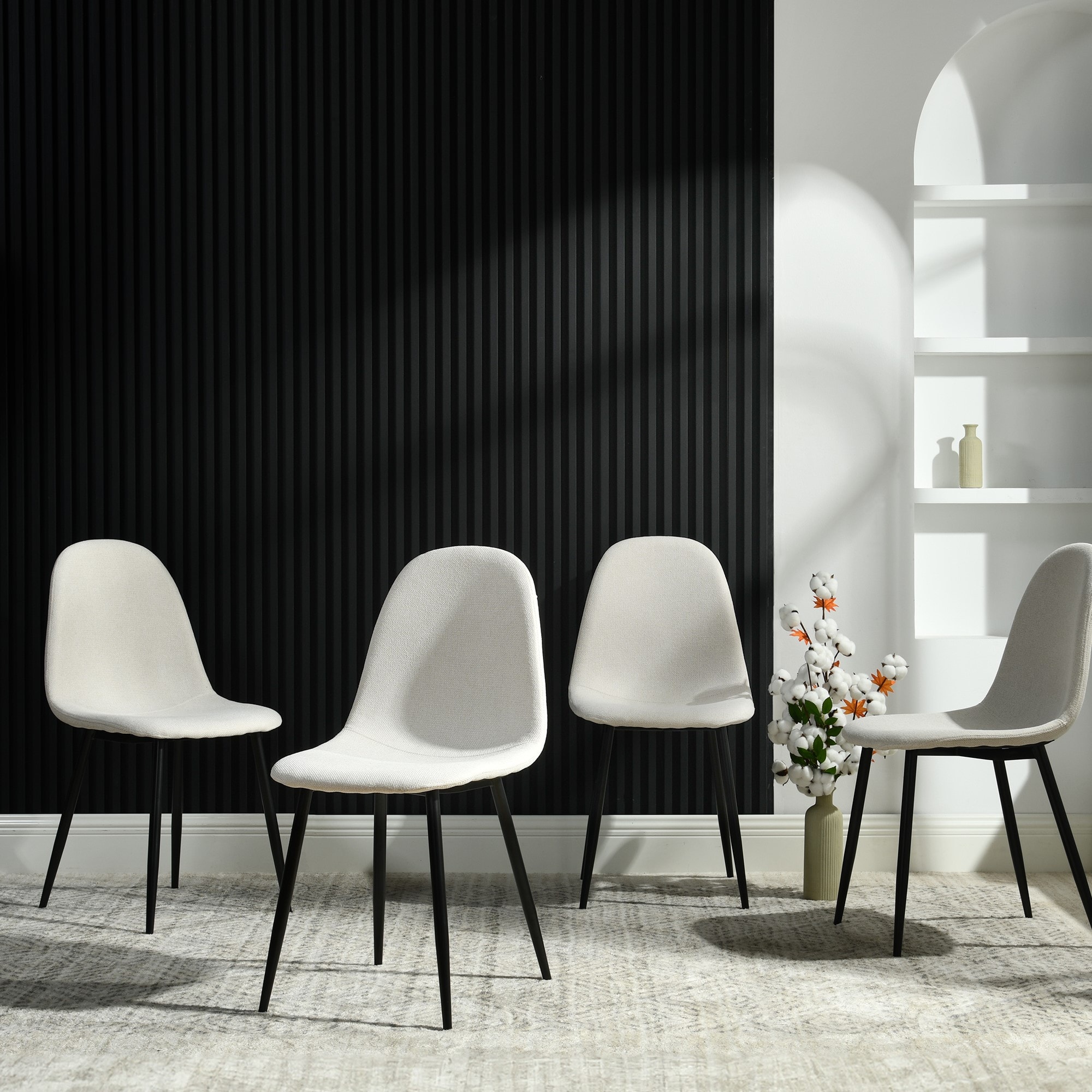 Homy Casa CHARLTON BEIGE Set of 4 Dining Chairs Upholstered with Ergonomic Backrest and Metal Legs in Ivory Beige