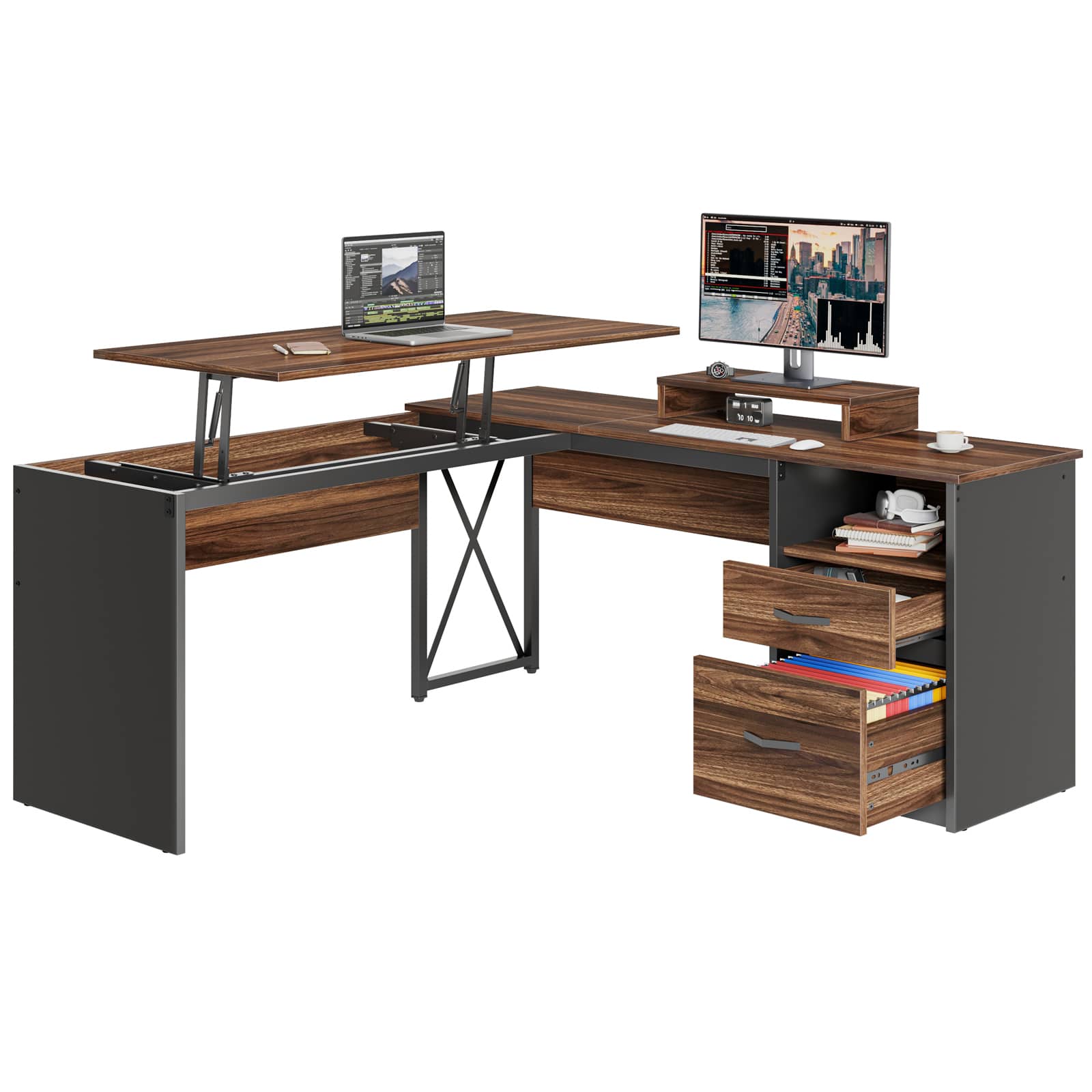 Bestier LOW-H100914E-WALT 55.71-in W 2-Drawer Walnut Computer Desk