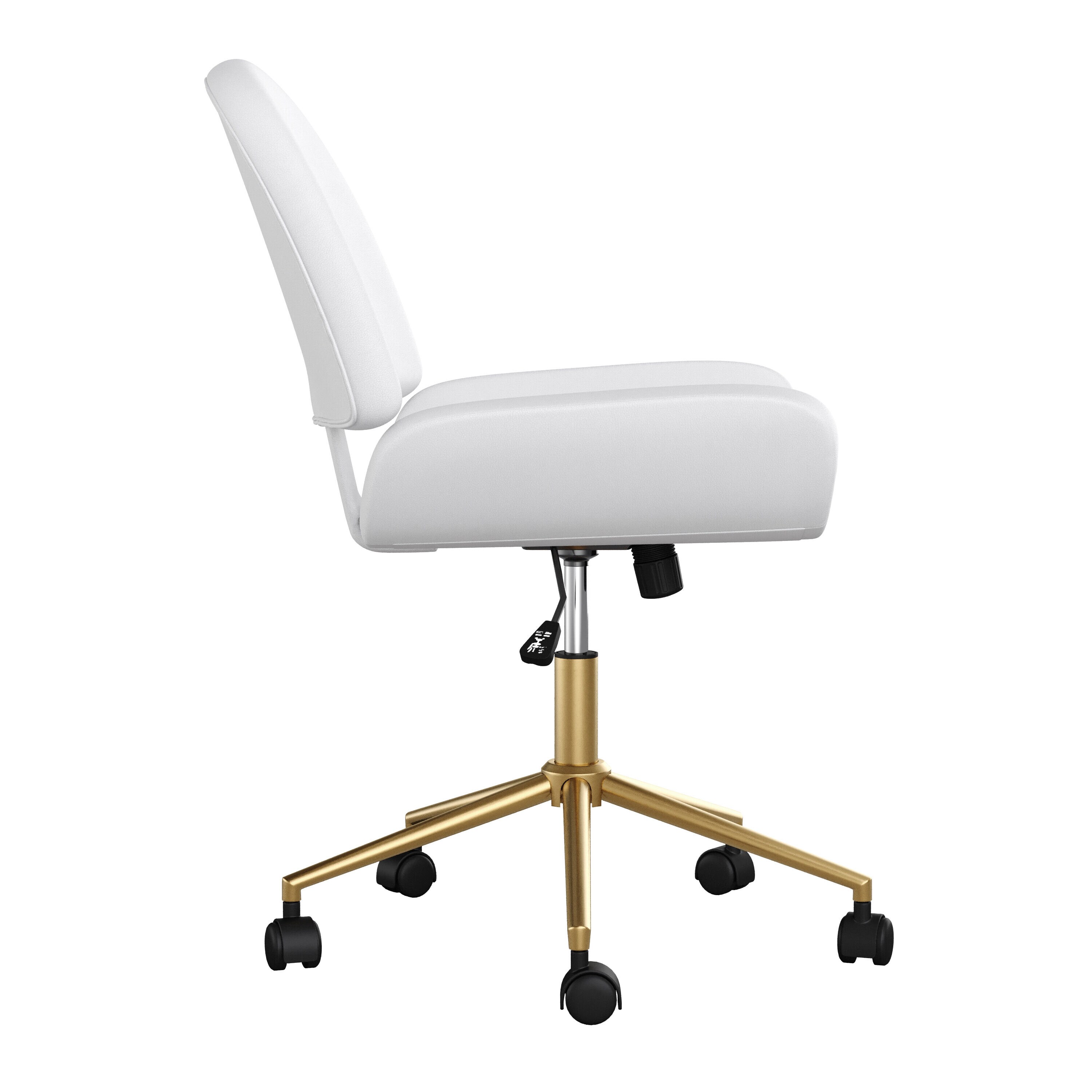 White Faux Leather Armless Swivel Office Chair with Brass Base