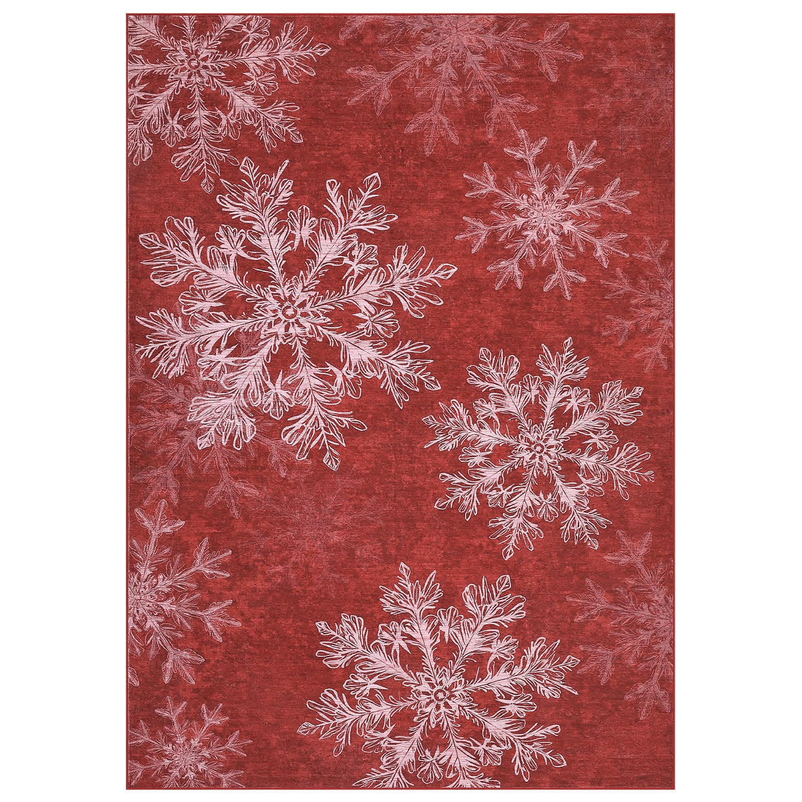 Qeetex SUNNY-PHK-35SF637Q 4 x 6 ft Red Christmas Bedroom Living Room Dining Room Snowflake Print Decorative Modern Machine Washable Polyester Rectangular Indoor Runner Rug