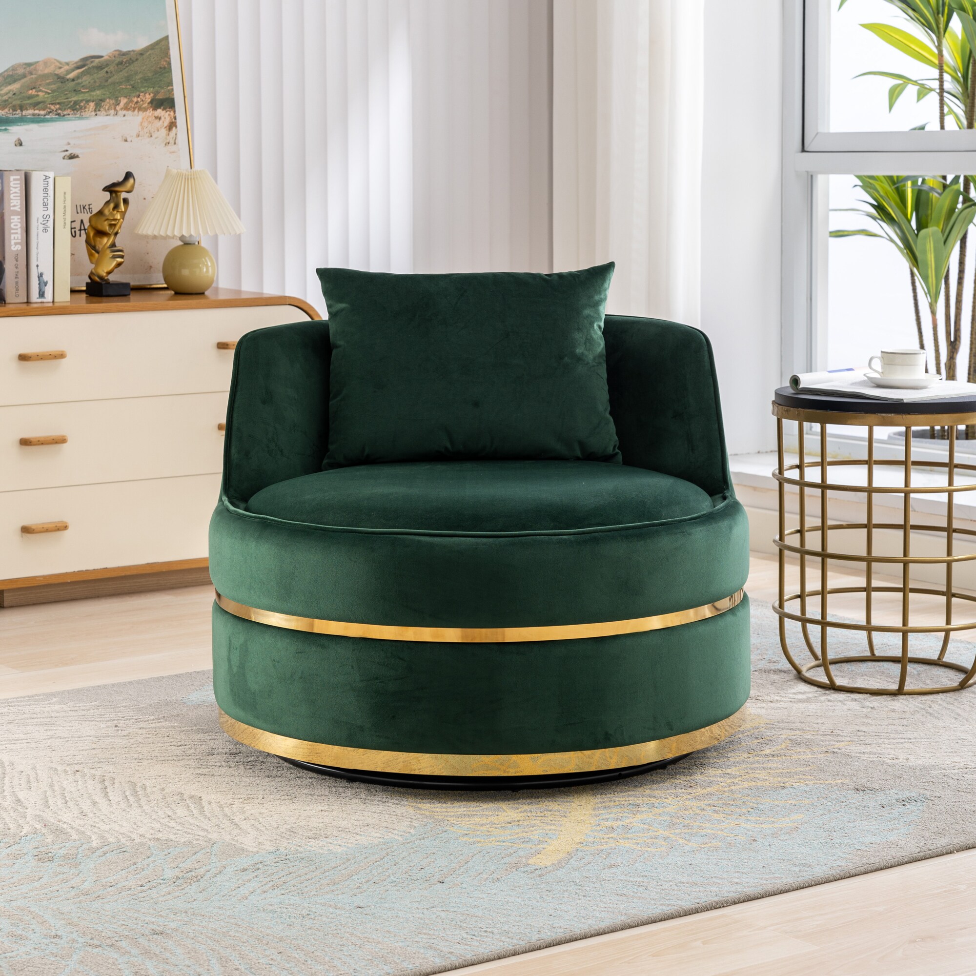 LOVMOR SF-WO-N719P255832F 360 Degree Swivel Accent Chair Velvet Modern Upholstered Barrel Chair Over Sized Soft Chair with Seat Cushion for Living Room Bedroom Office  Apartmentt Green