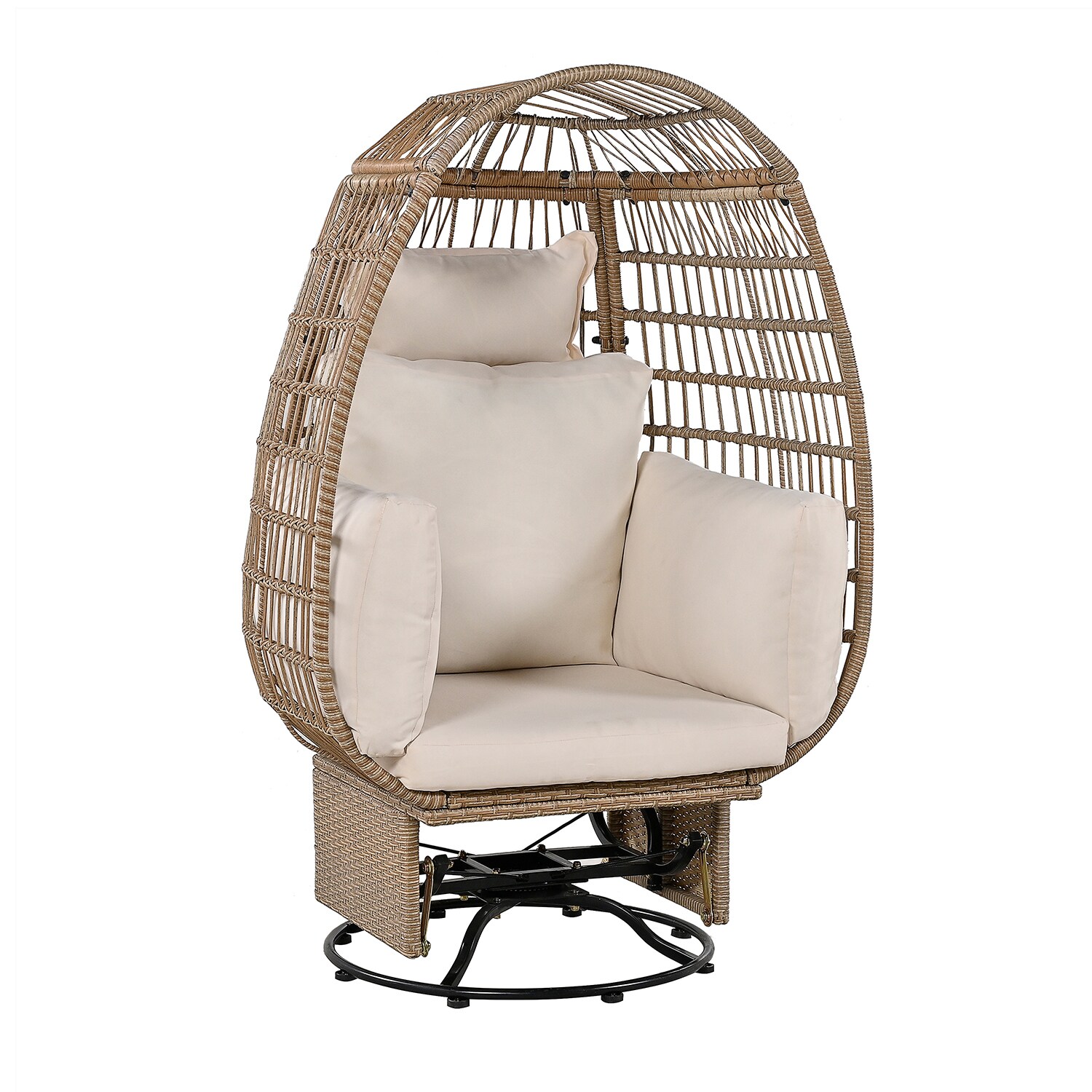 Bybafun Rattan Brown Iron Frame Swivel Egg Chair with Off-white ...