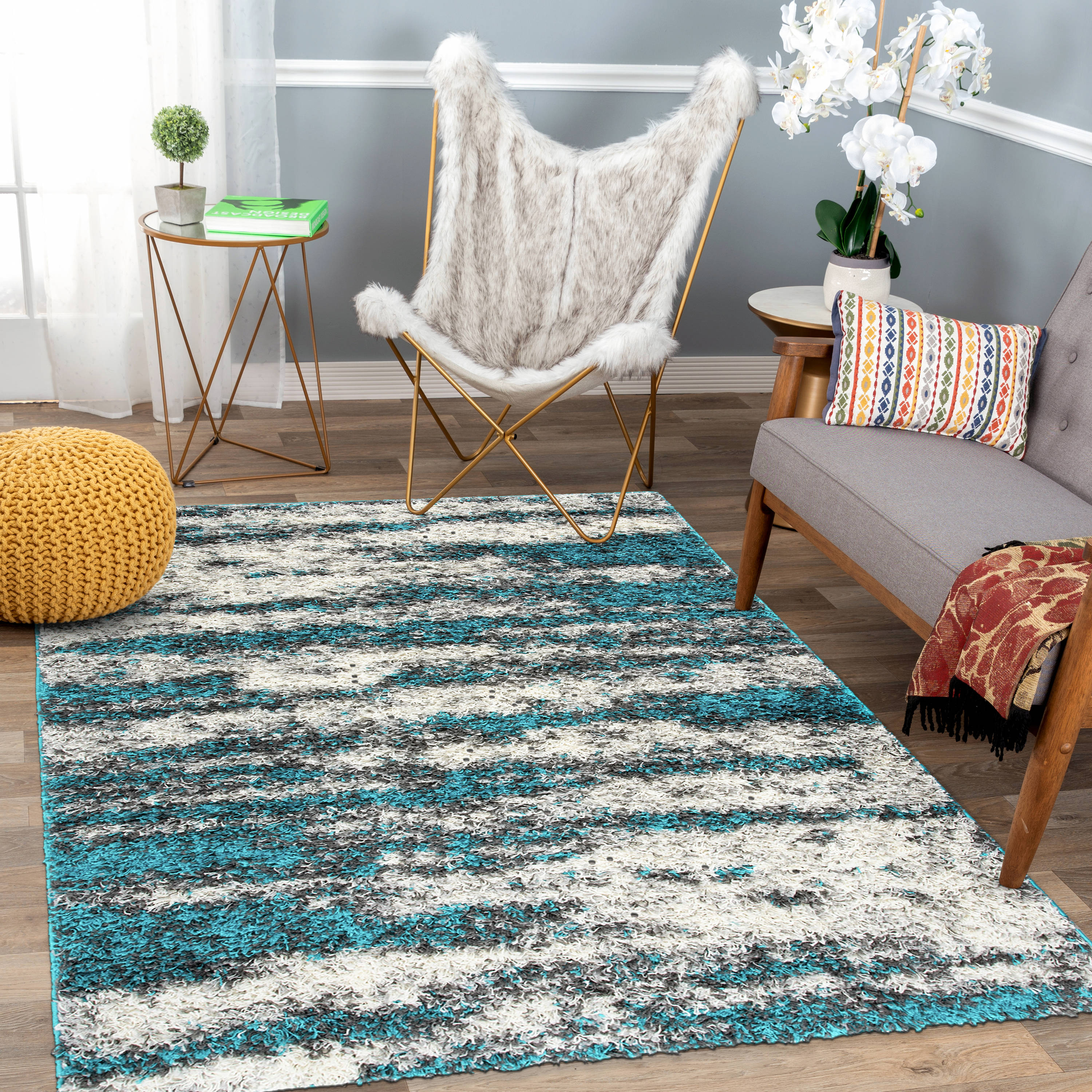 Turquoise Shag Abstract 5' x 7' Easy-Care Synthetic Area Rug