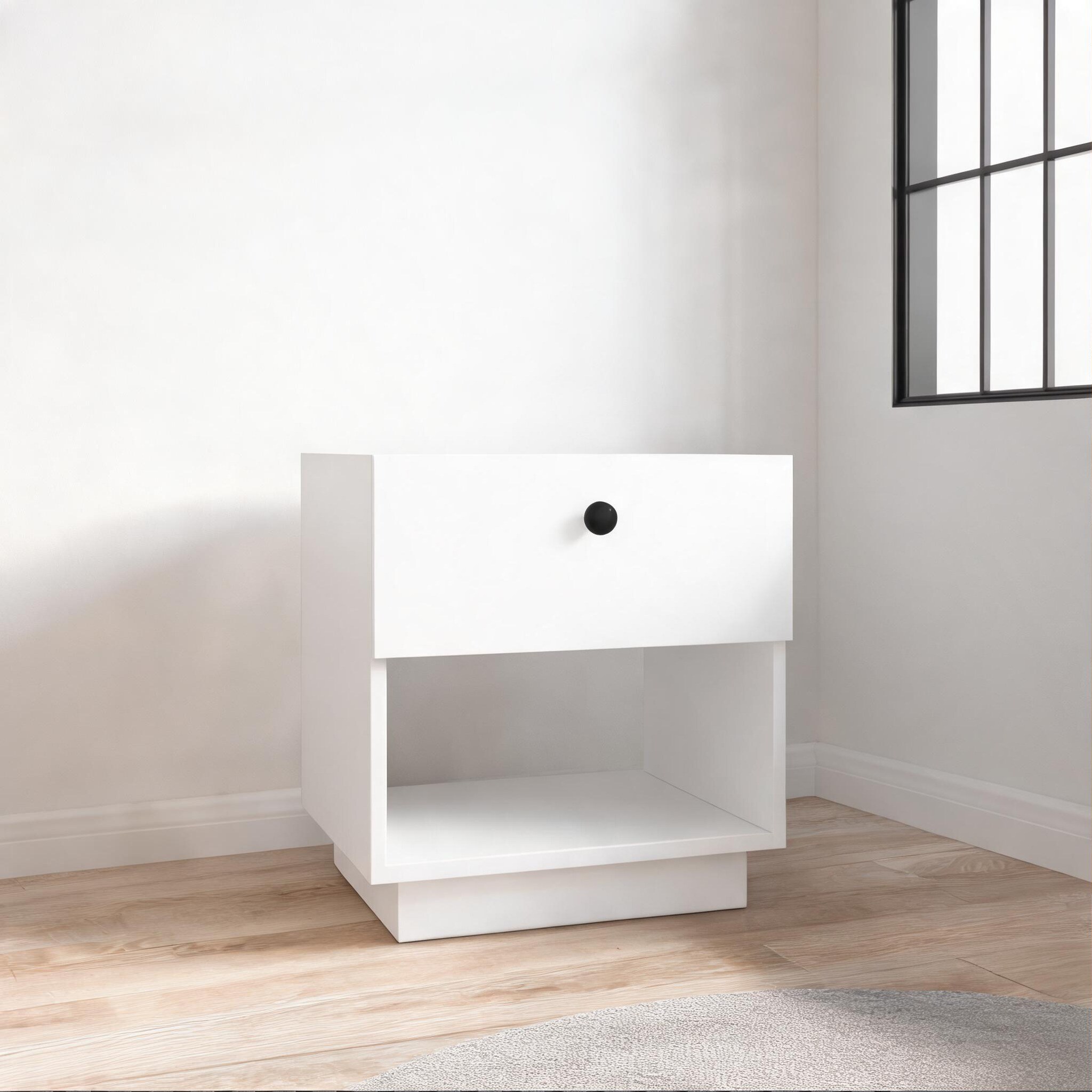 Soft White Particle Board Nightstand with Open Shelf and Drawer 19-Inch Height Compact Bedside Storage