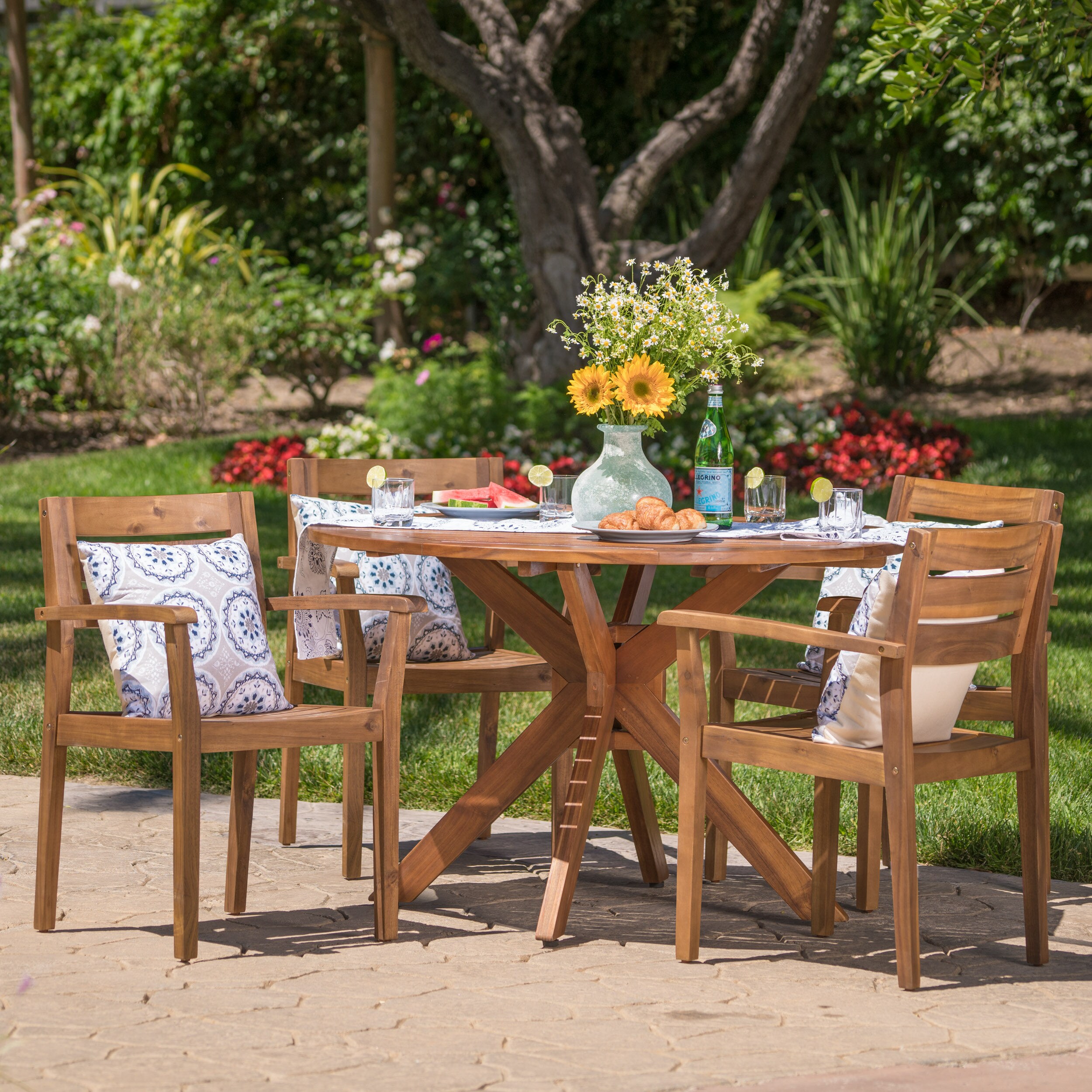 5-Piece Brown Patio Dining Set Wood Round Table with 4 Stationary Chairs | - Best Selling Home Decor 300539