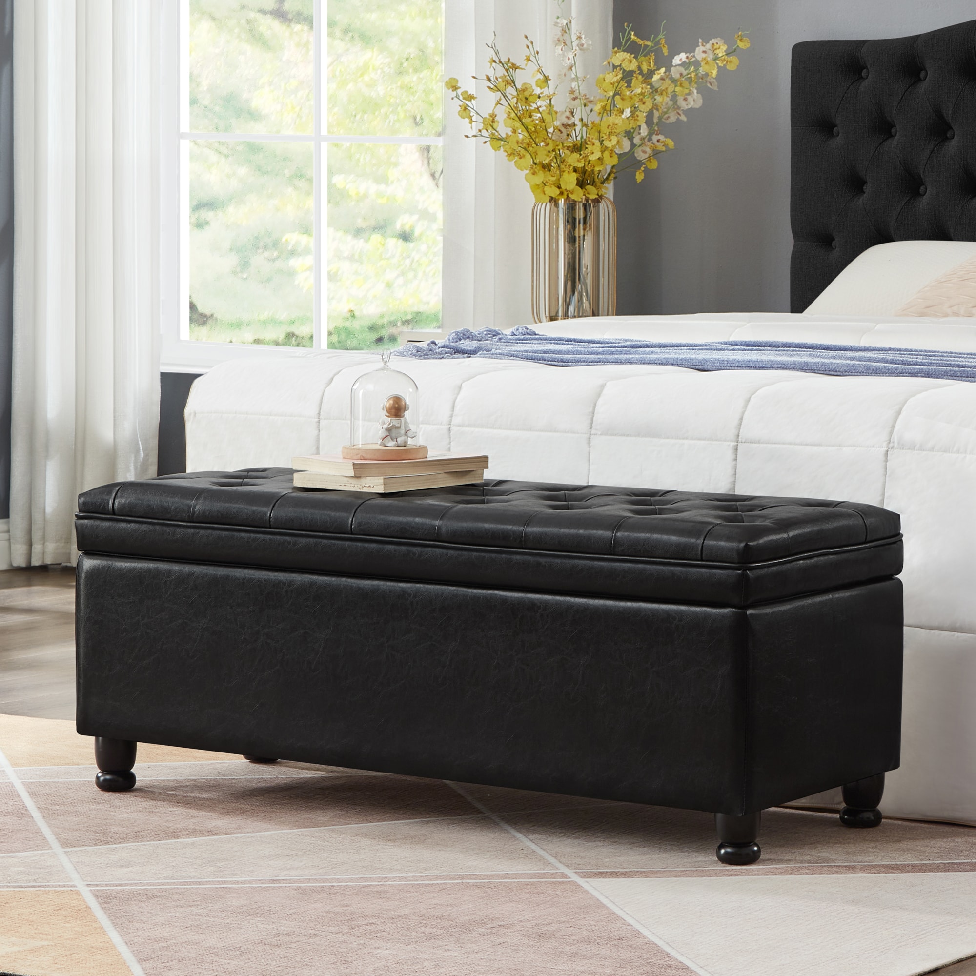 GDFStudio 326017 Classic Belmont Upholstered Tufted Storage Bench with Wooden Spindle Legs Black