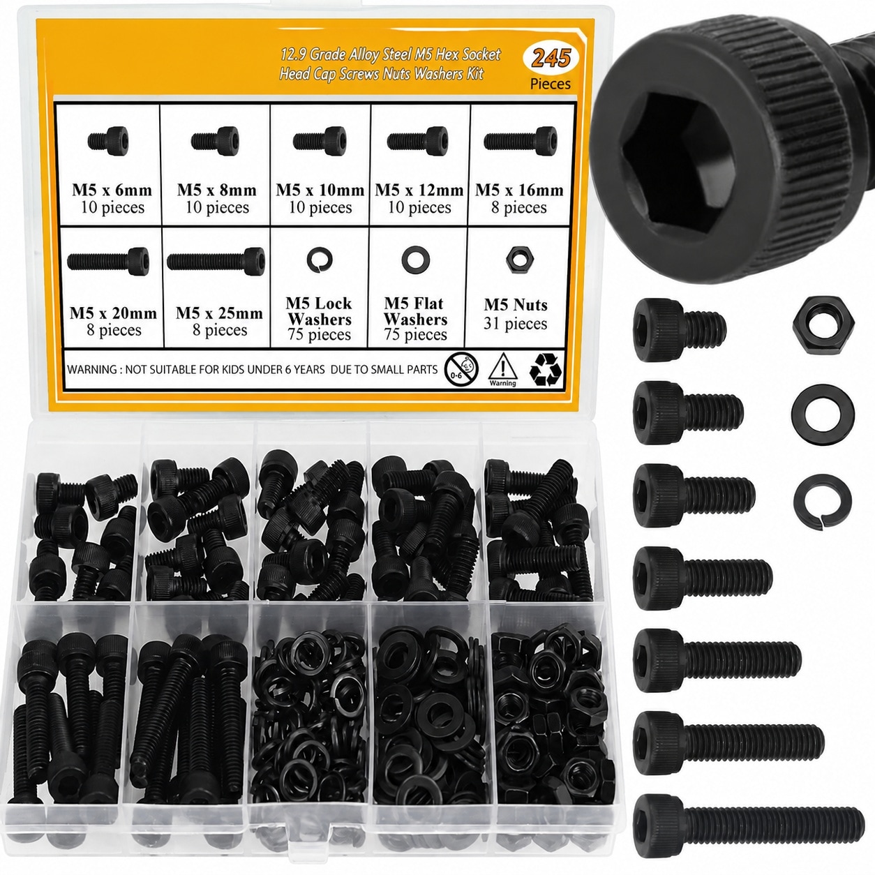 JVFCXXV 245 Piece M5 Screws Nuts Washers Set Black Alloy Steel Hex Socket Head Cap Screws Fully Threaded Assortment Kit with Multiple Lengths #LJV0803C328