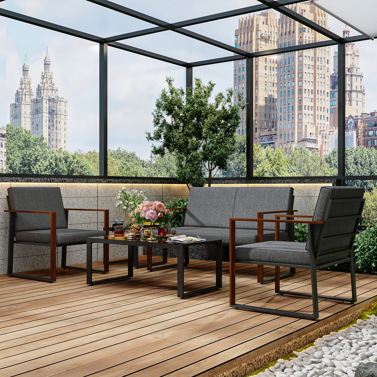 MIDHAM KF170301-03+04 5 -Piece Patio Sofa Conversation Set with Gray Cotton Cushions