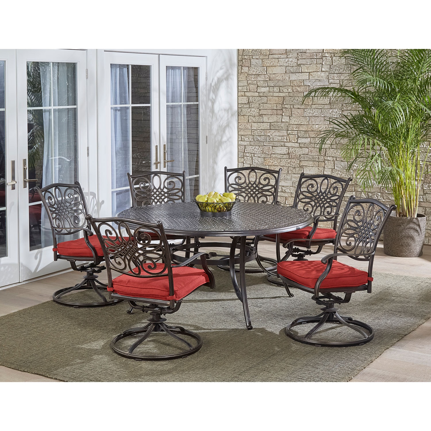 Classic Round Aluminum Outdoor Dining Set with Red Cushions