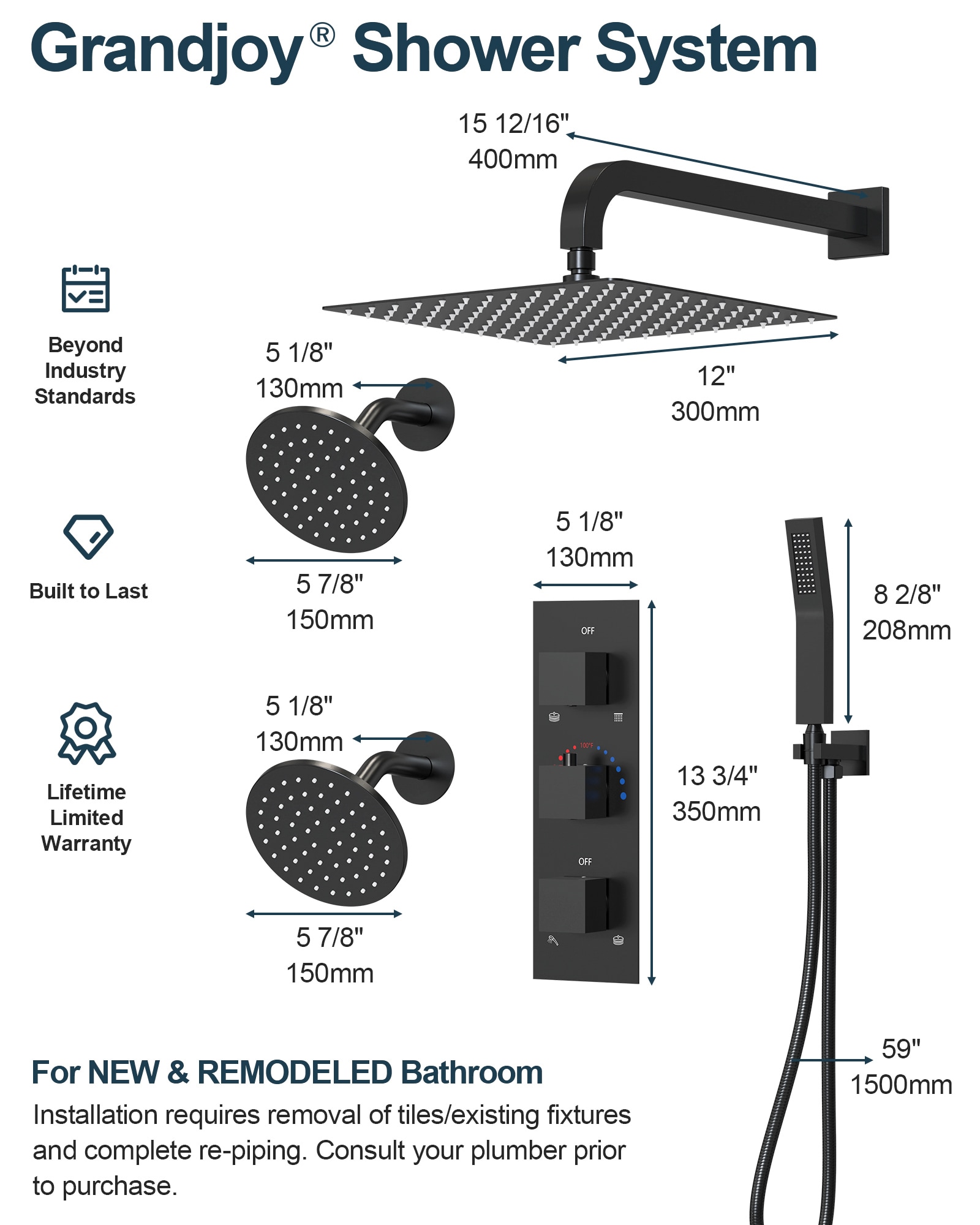 GRANDJOY SFS-1066-BK12 Showerhead-Bar-Panels - View #14