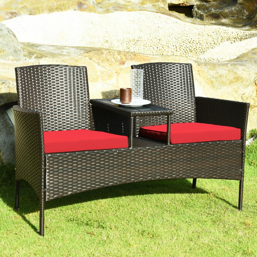Clihome CWCH-HW63233RE Rattan Patio Conversation Set with Red Cushions