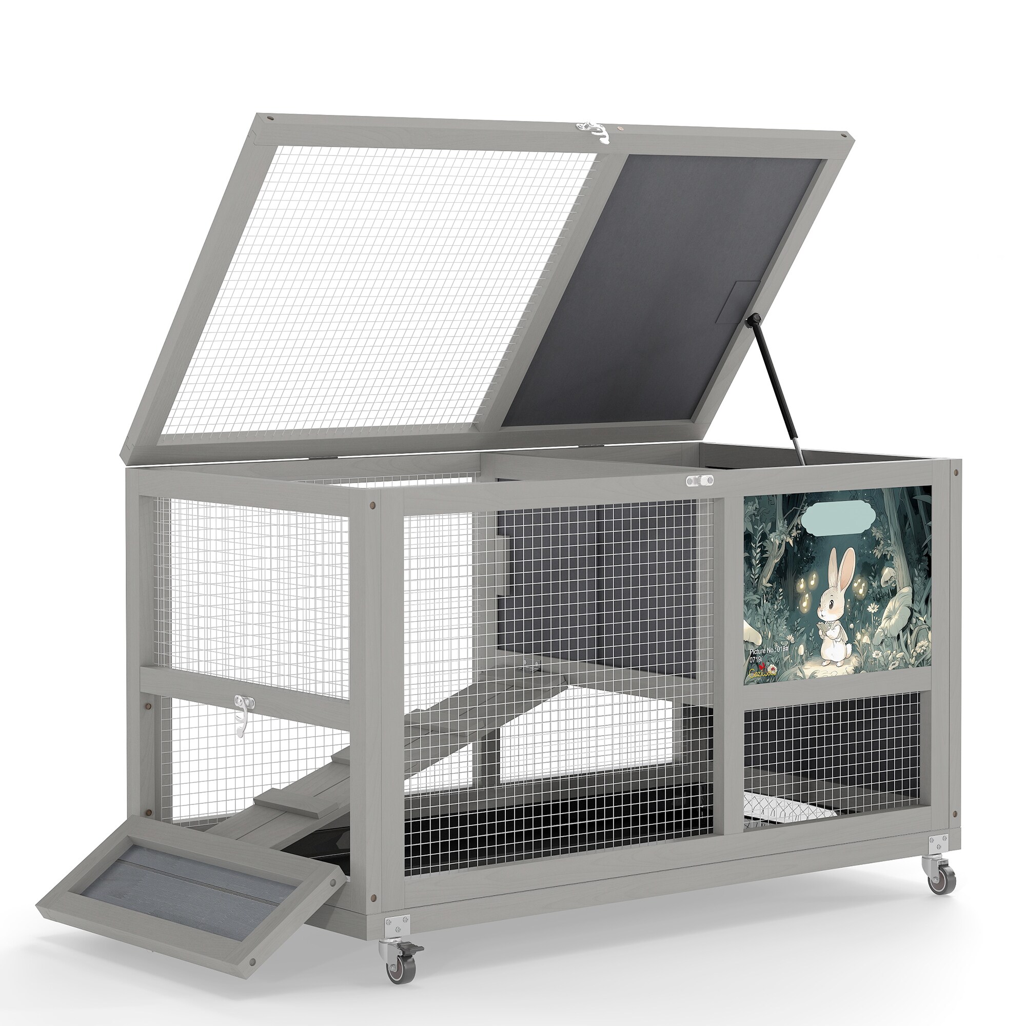 LUXEYARD 2-Tier Bunny Hutch Wood Rabbit Cage on Wheels with Openable ...