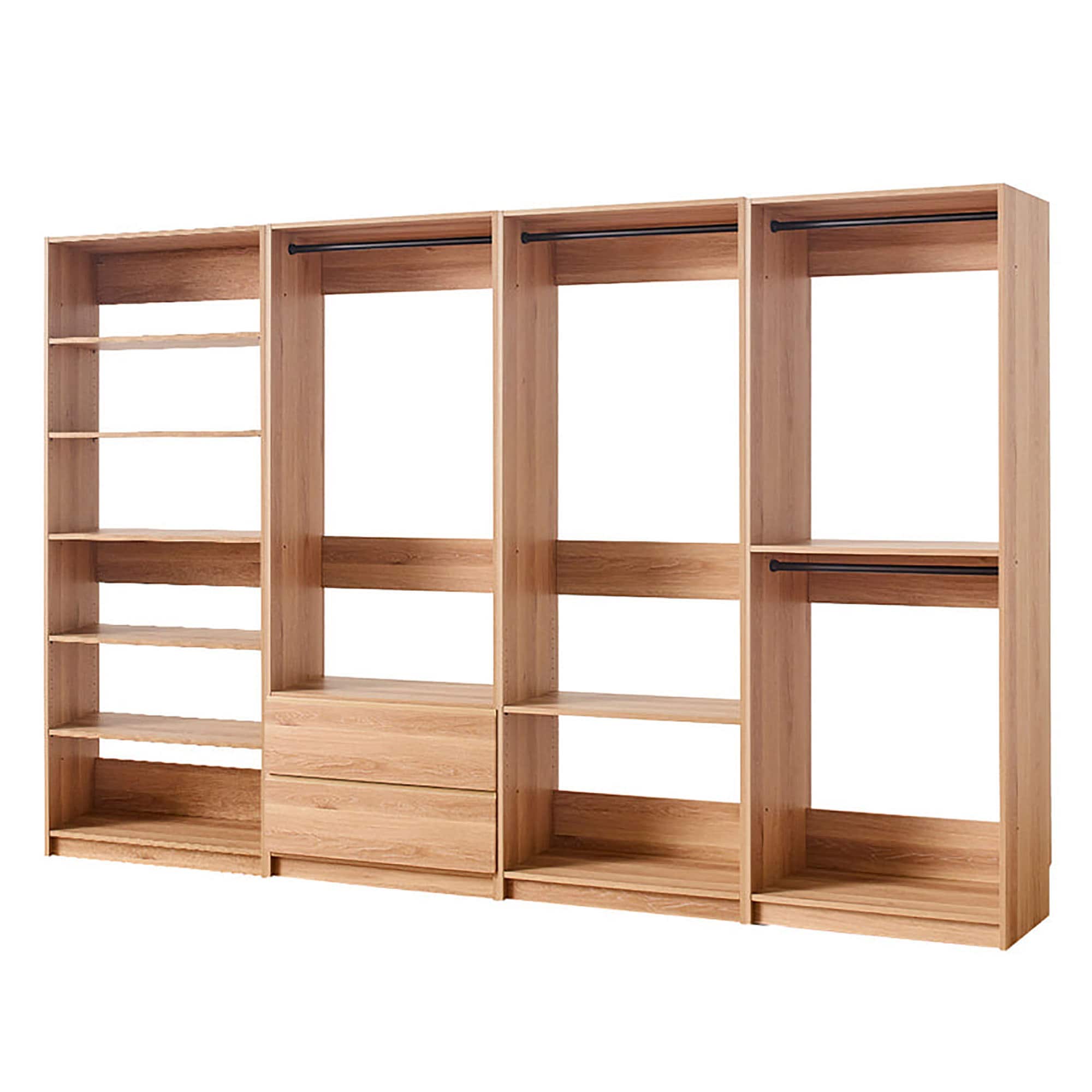 Klair Living Prosper 125.52-in to 125.52-in W Walk-in Portable closet Oak Solid Shelving Wood Closet System
