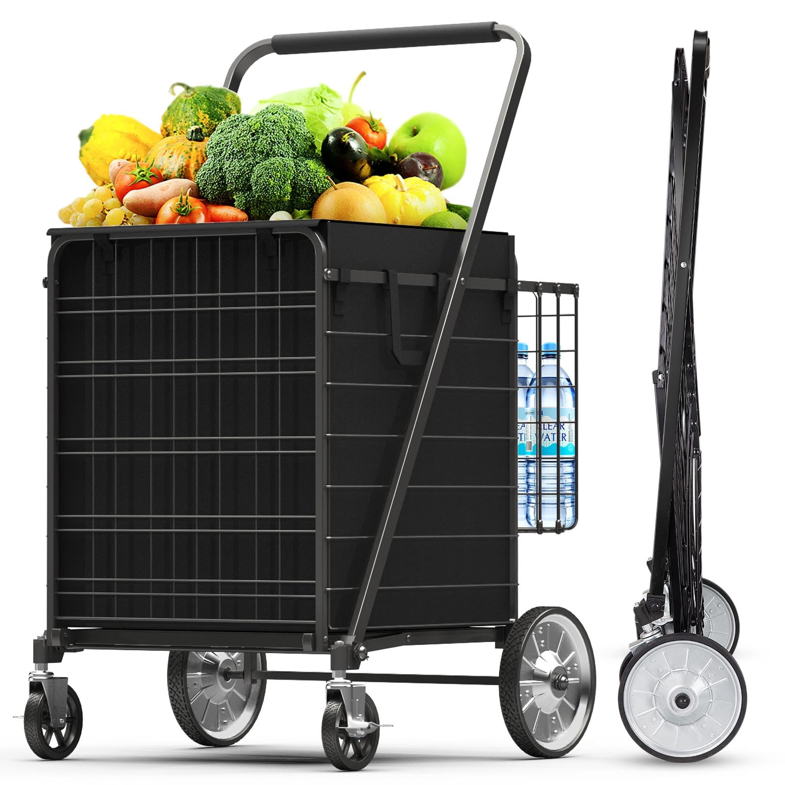 Ahfiwaso  Folding Shopping Cart 5.7 Cu Ft Capacity Heavy Duty Utility Cart with Double Basket and Removable Waterproof Liner with Lid for Laundry