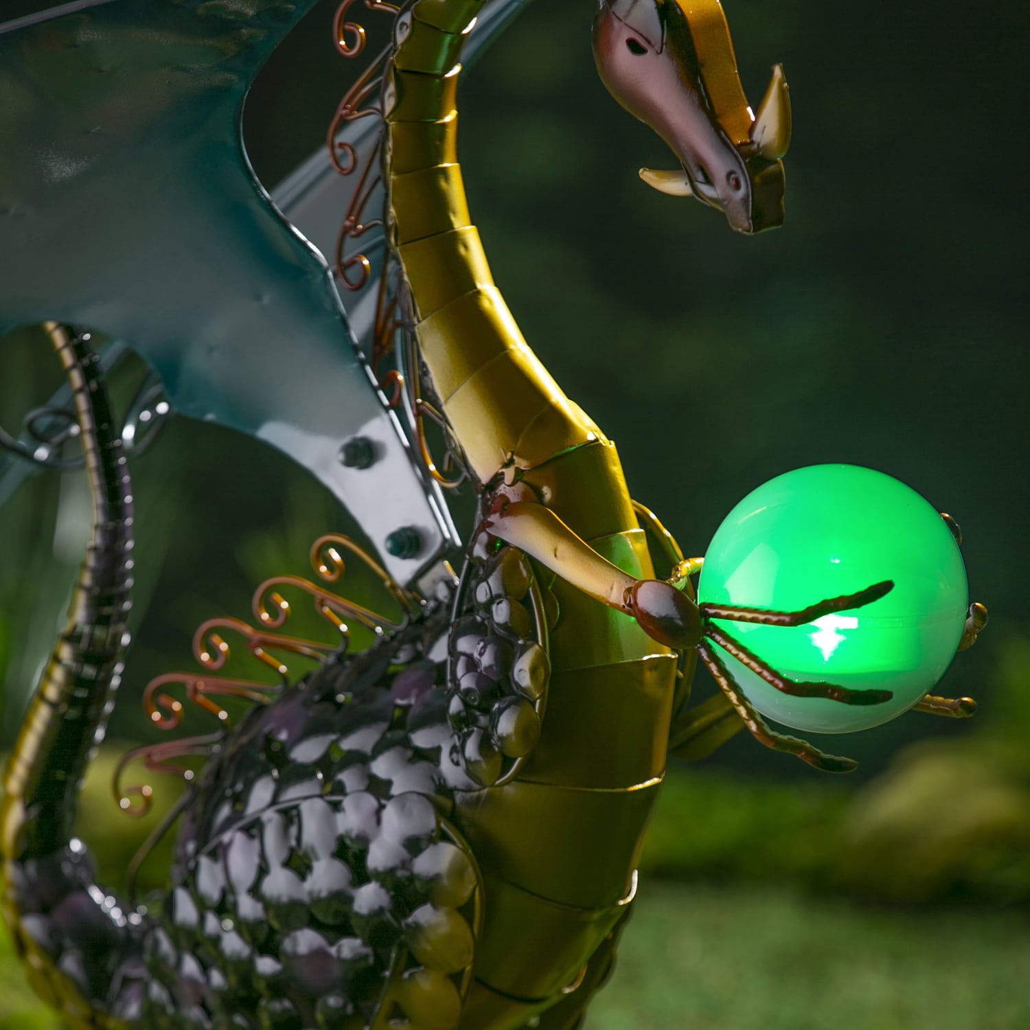 Majestic Black and Gold Metal Dragon Garden Statue with Solar Globe