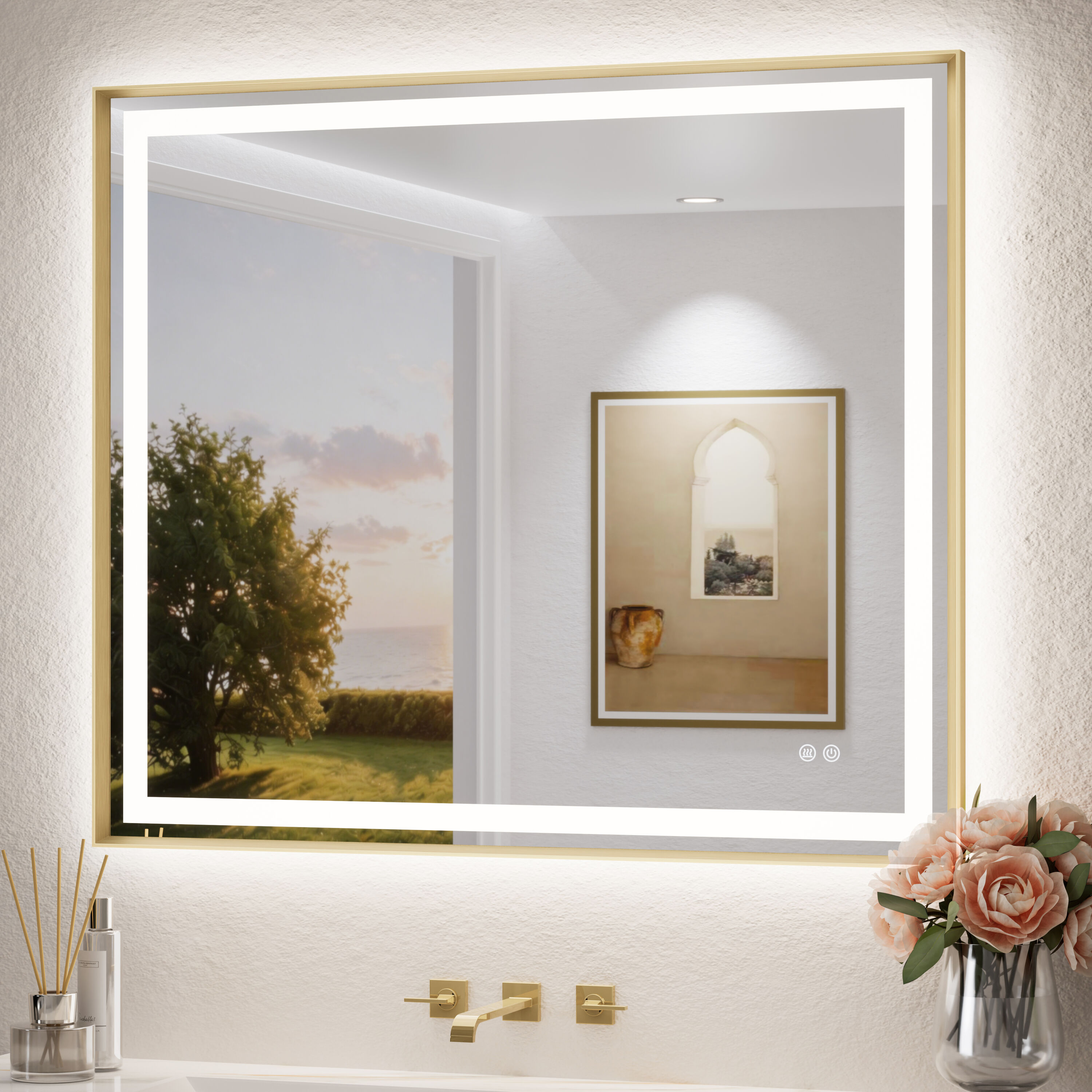 TETOTE  42x36 Inch Brushed Gold Rectangular Framed Wall LED Bathroom Vanity Mirror with Frontlit and Backlit