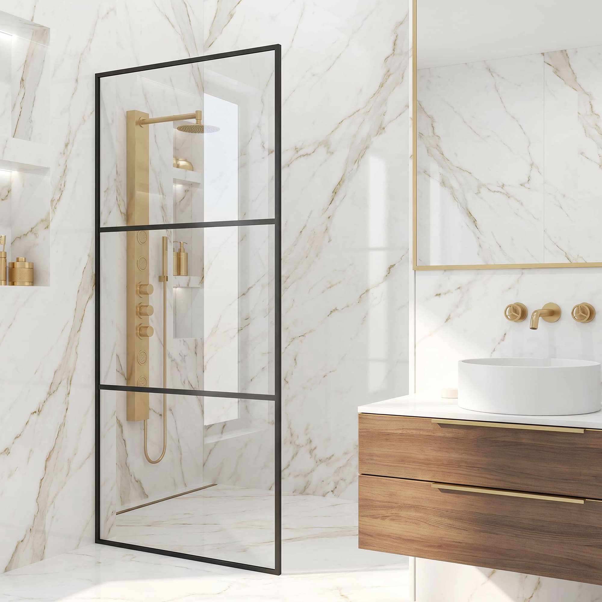 VIGO Divide Matte Black 34-in W x 74-in H Framed Patterned Glass Fixed Shower door