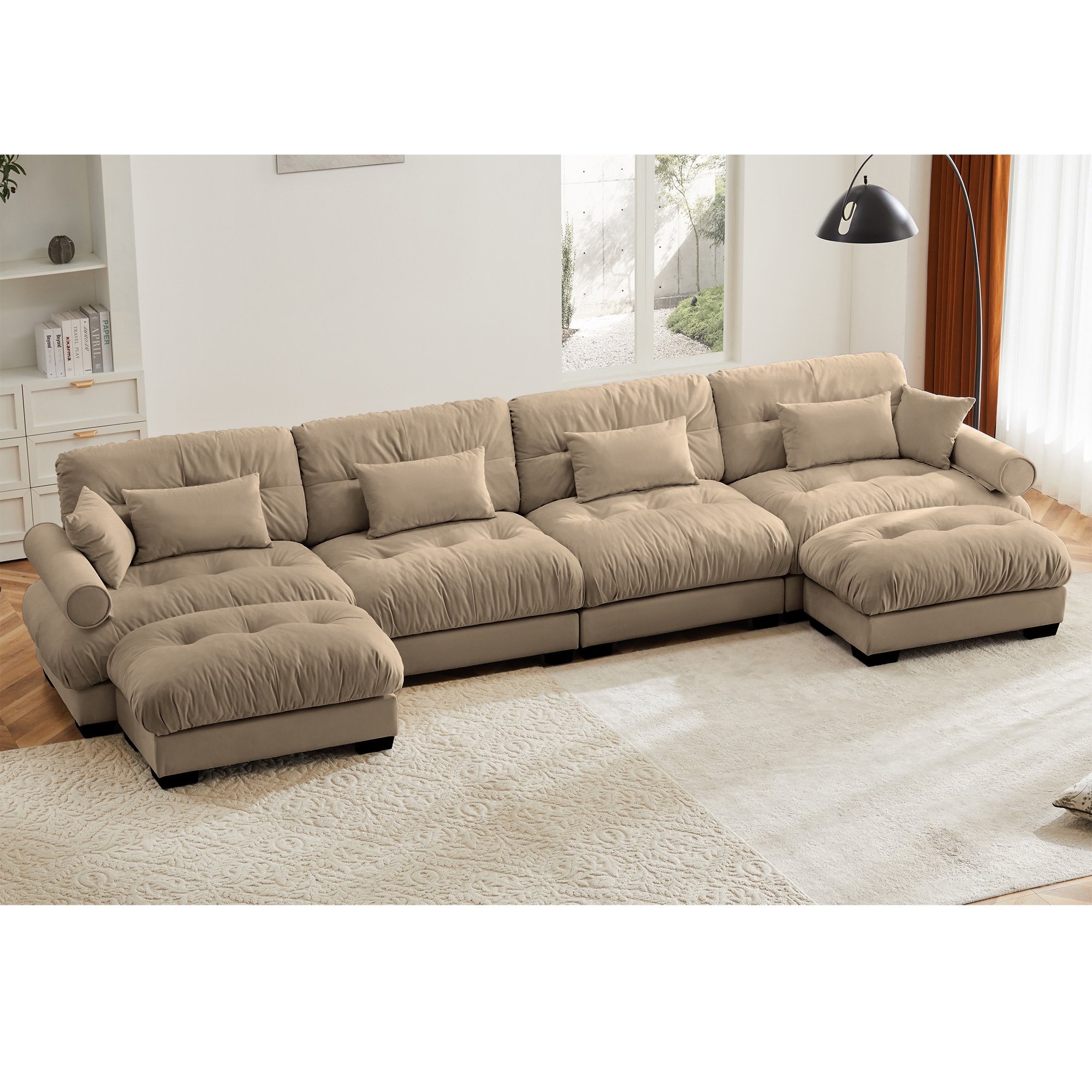 GDFStudio 322807 Azura Vintage Velvet 4 Seater Sectional Sofa with 2 Movable Ottomans and Pillows