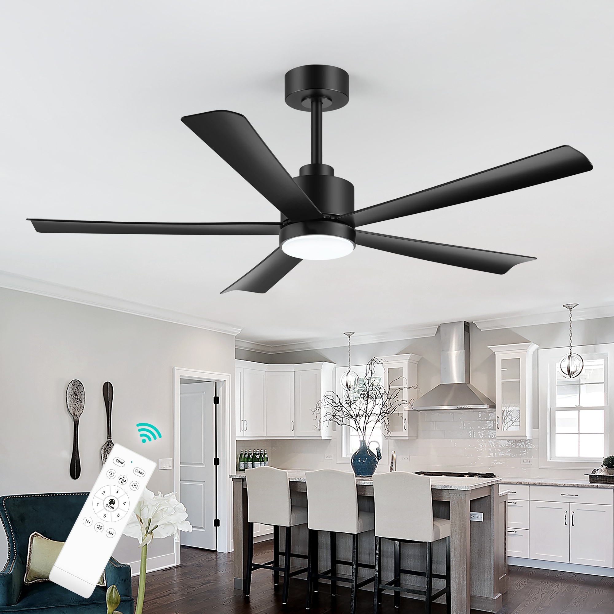 Breezary 30010-AB-L 52-in Color-Changing Integrated LED Matte Black with Black Blades Ceiling Fan With Light - Remote Included ( 5 -Blade )