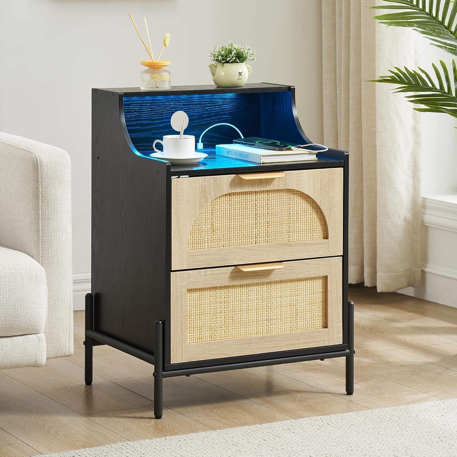 Garvee Rattan Nightstand with Charging Station and Led Light Natural ...
