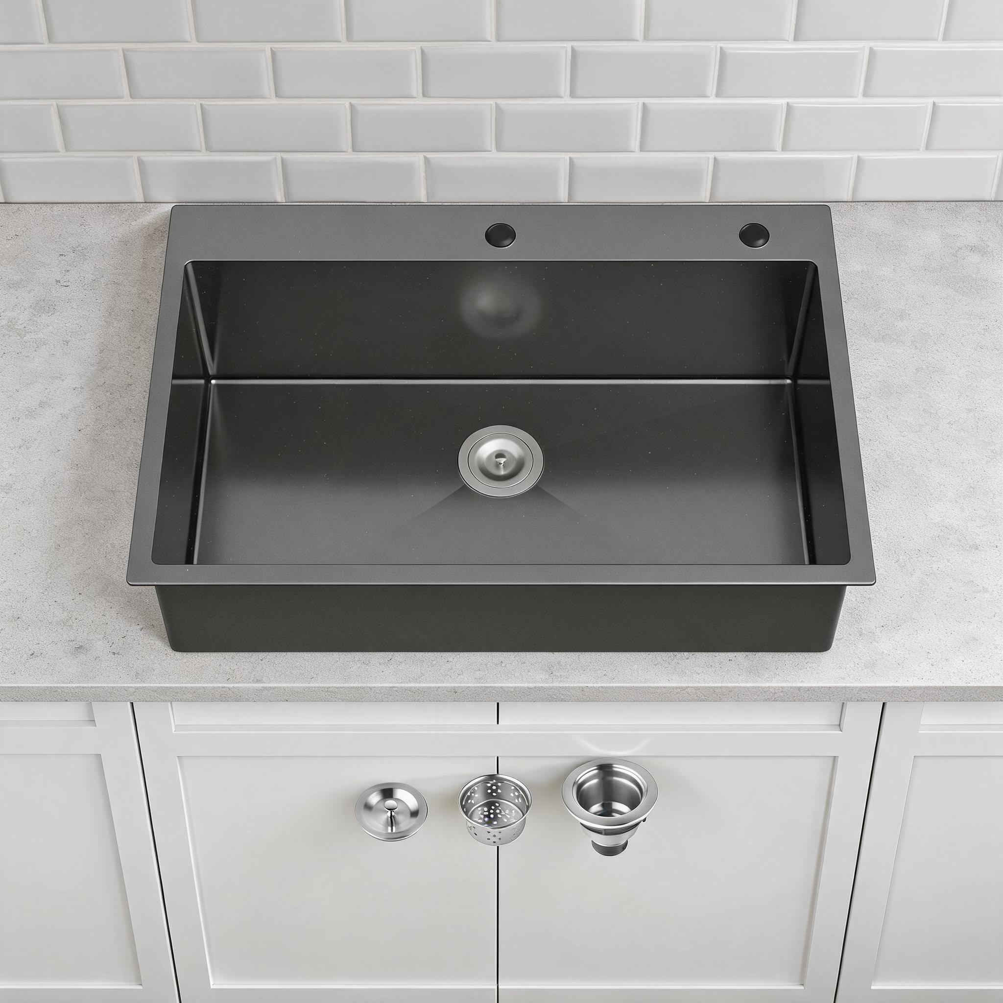 Watnature - Jet Black Handmade Overmount Single Bowl Kitchen Sink 33 times 22 Inch 304 Stainless...