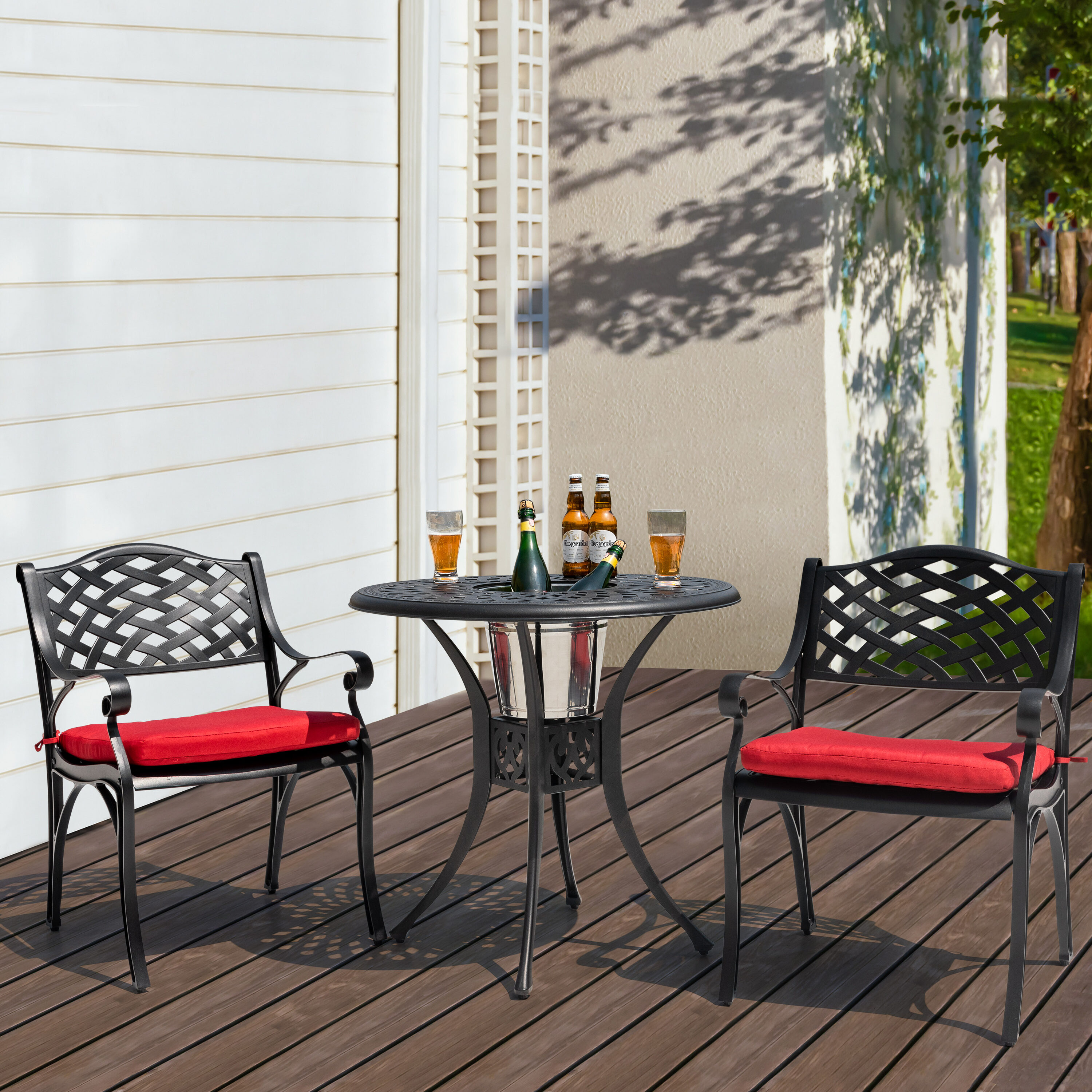 Nuu Garden SCD016-01-WKL-0110 3 -Piece Black with gold speckles Bistro Patio Dining Set Aluminum Round Table with 2 Red Cushions Stationary Chairs