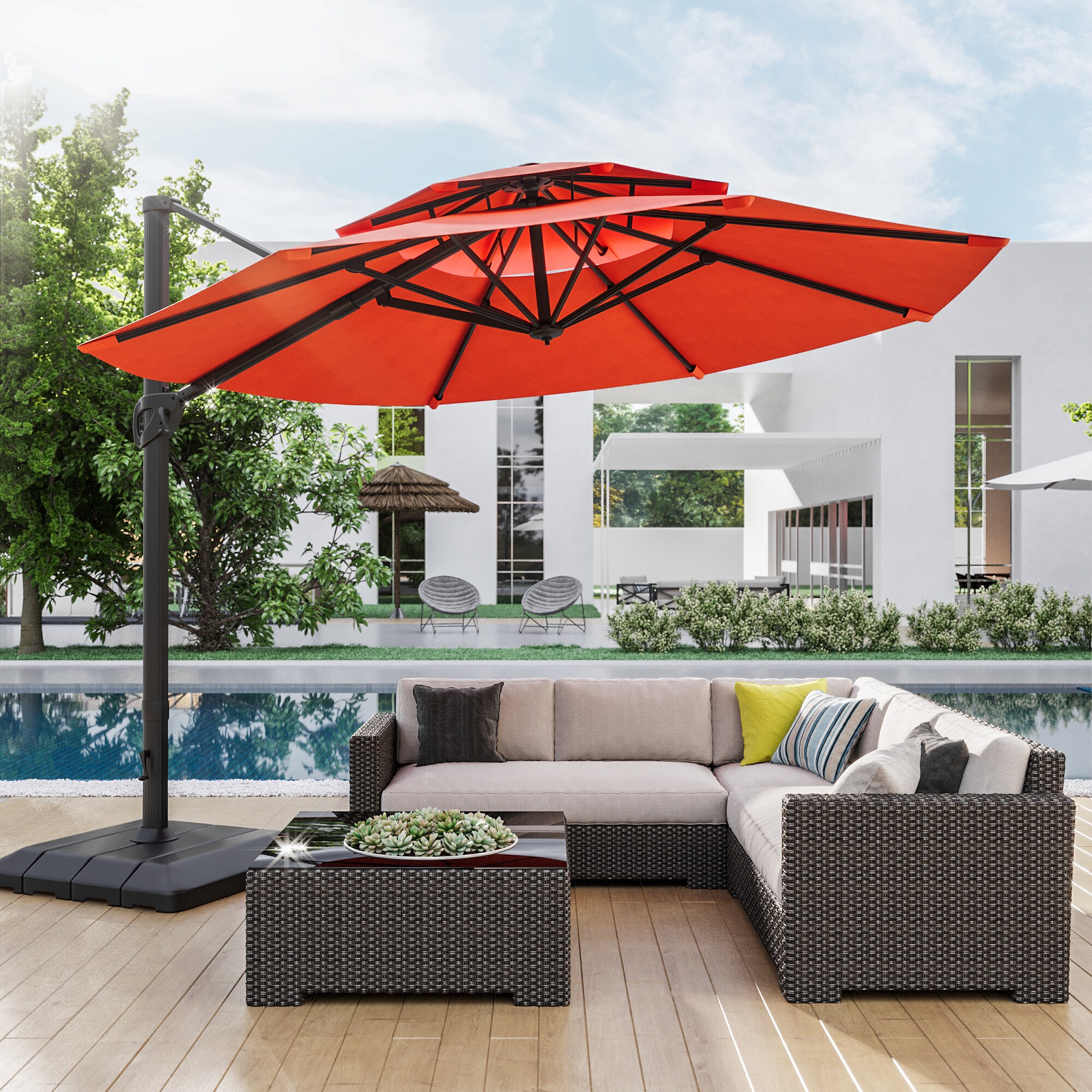 ACEGOSES LW-LED39NY-H-B 11-ft Aluminum Red No-tilt Cantilever Patio Umbrella with Base
