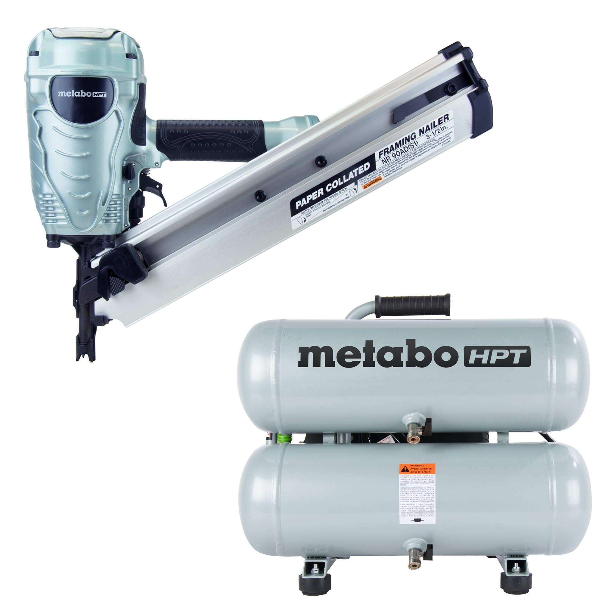 Metabo HPT 30-Degree Pneumatic Framing Nailer with 4-Gallon Single Stage Portable Electric Twin Stack Air Compressor