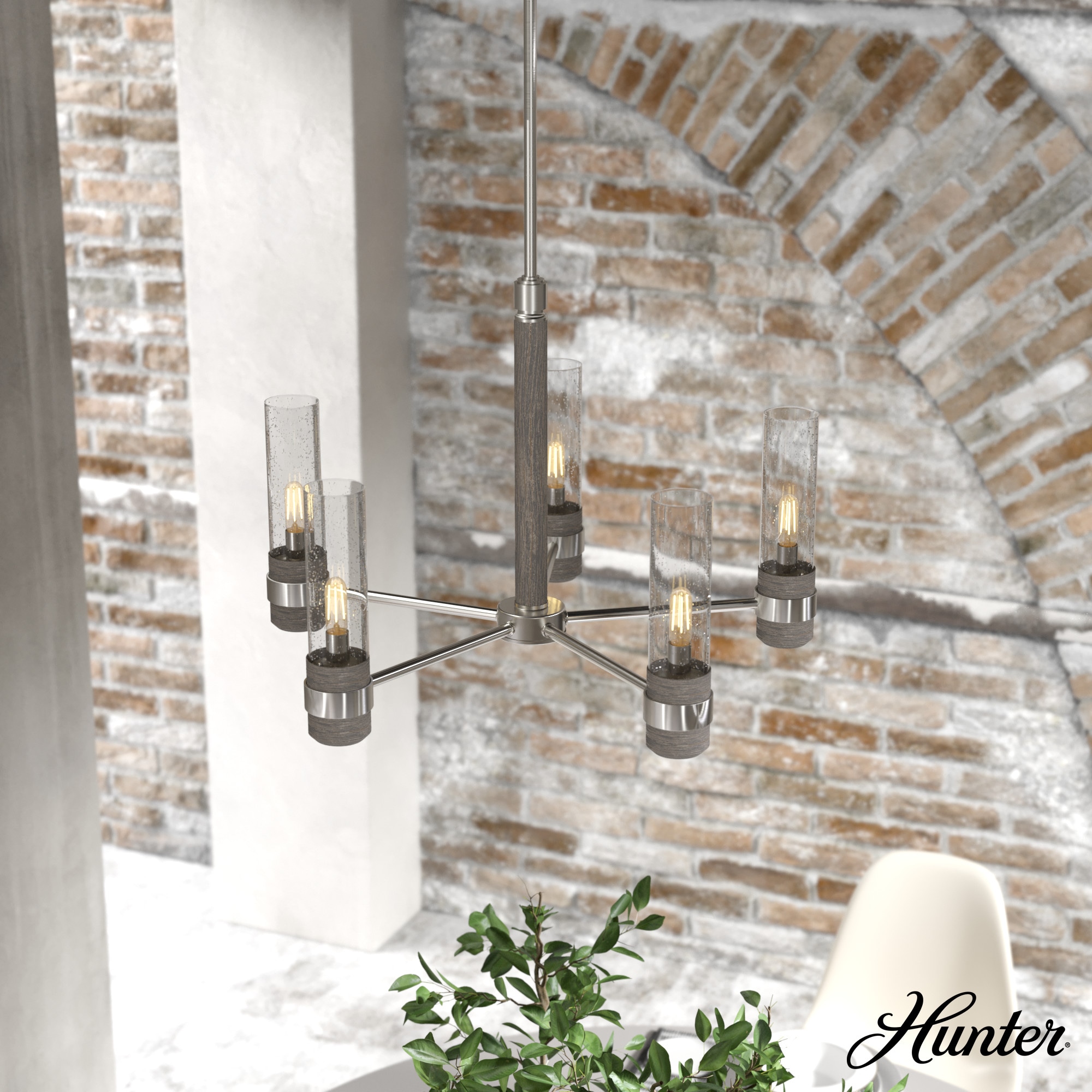 Hunter 19475 River Mill 5 -Light Brushed Nickel Rustic For Use in Bedrooms, Dining Rooms, Foyers, Kitchens, Living Rooms Chandelier