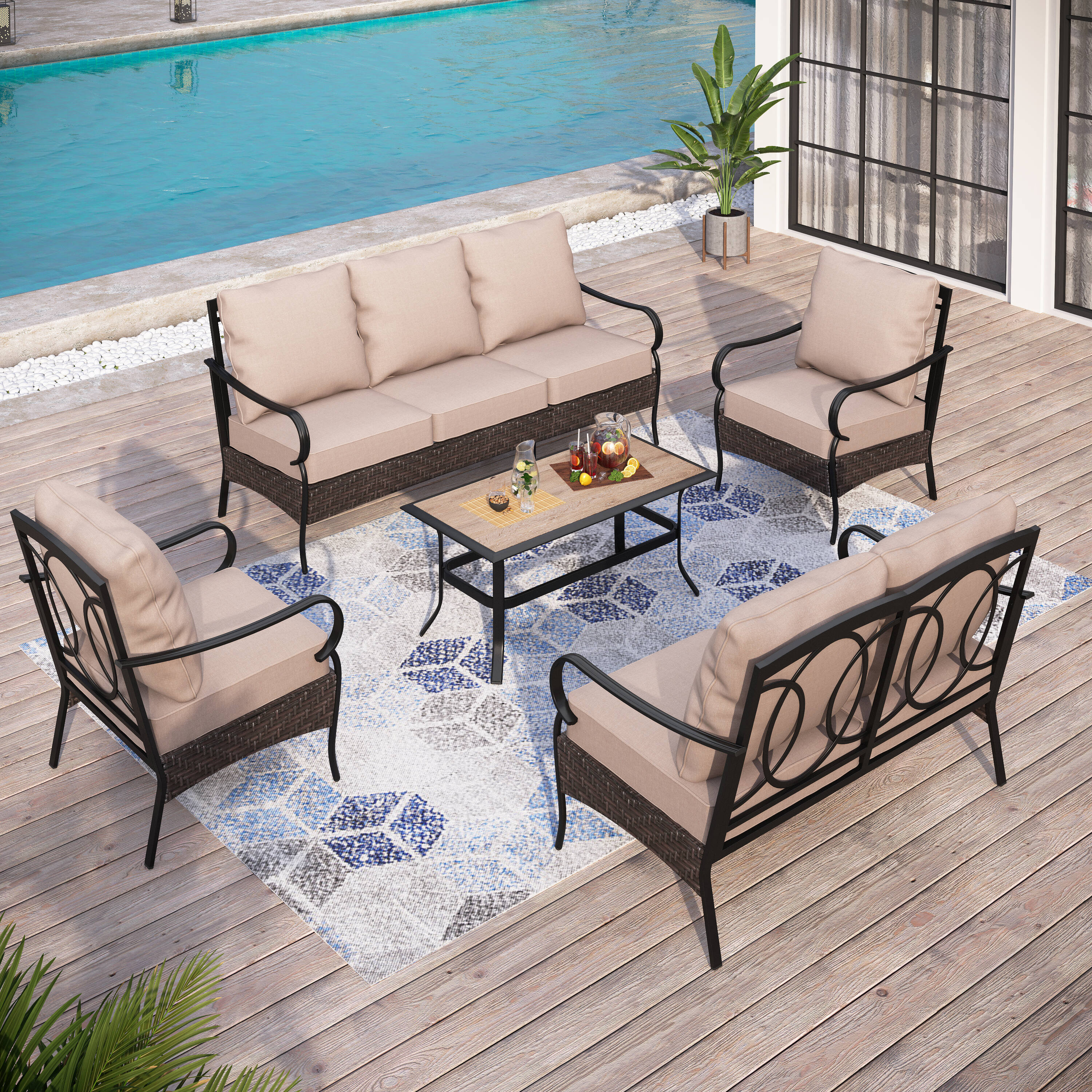 Sunshine Valley CR001-13-7 5 -Piece Wicker Patio Sofa Conversation Set with Tan CUSHION PRO Cushions