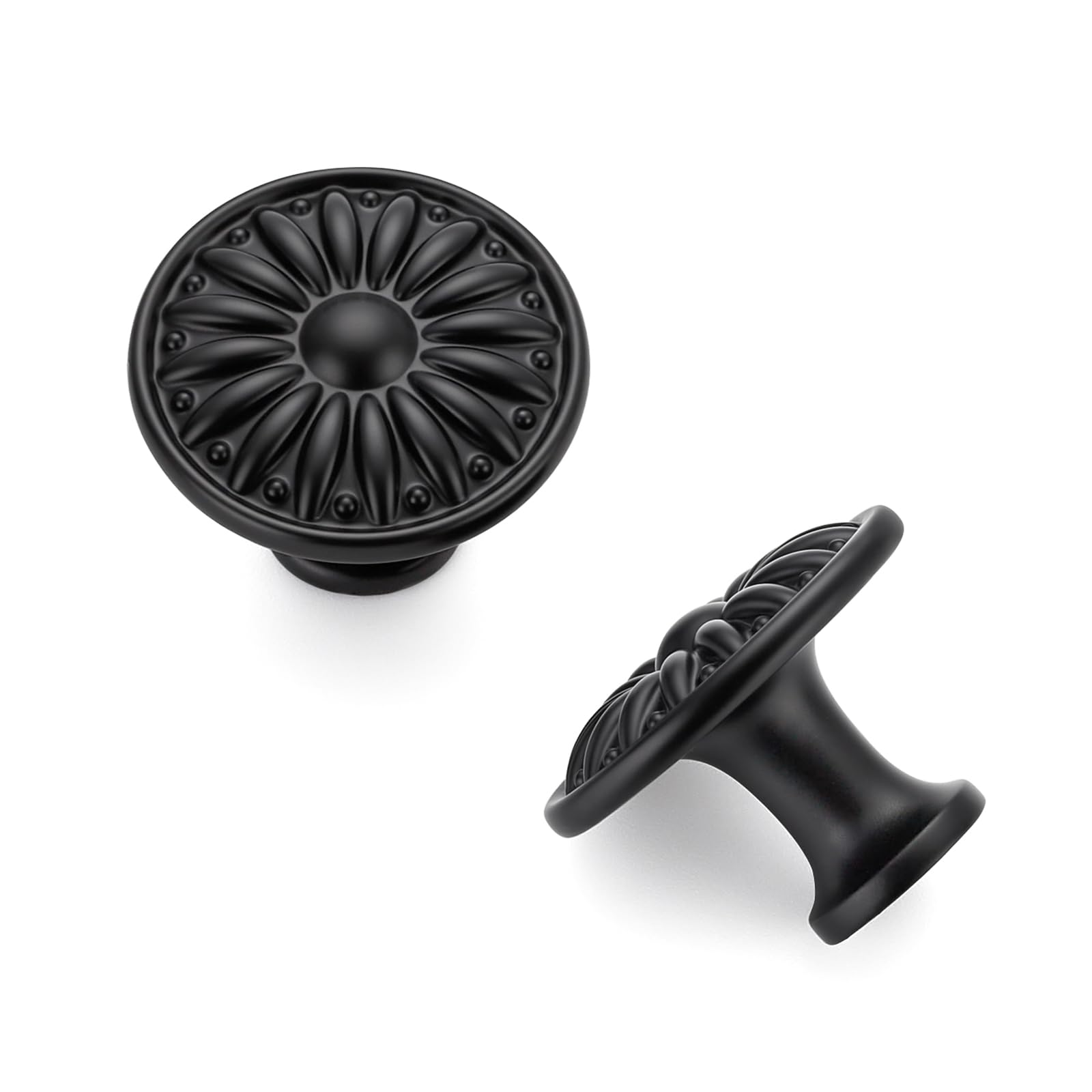 Etokfoks  10 Pack Art Deco Series 1 1 4 in Matte Black Vintage Sunburst Rosette Round Cabinet Knobs for Kitchen Bathroom