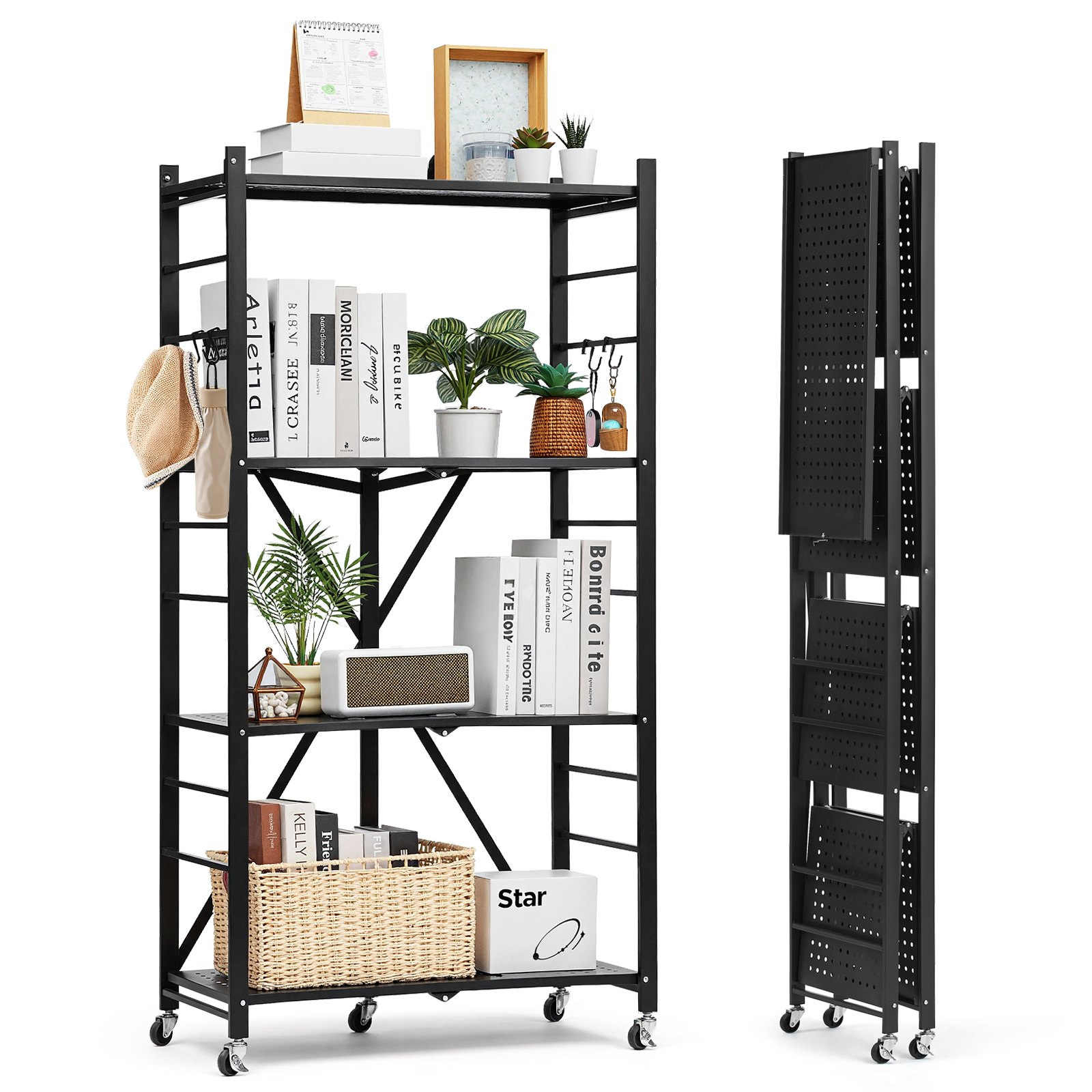 Mecale 4-Tier Foldable Metal Wire Shelving Unit 28-in W x 13-in D x 54-in H with Locking Casters and J-Hooks 750-lb Capacity