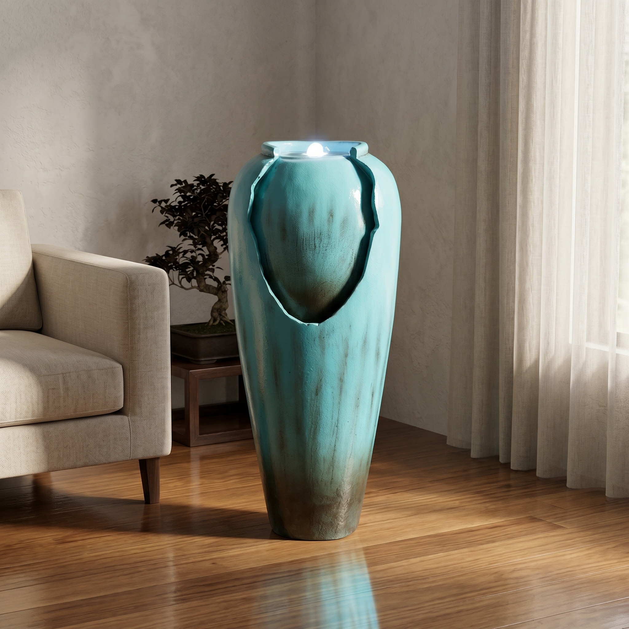 Watnature  Concrete Vase Shaped Indoor Water Fountain with LED Light and Submersible Pump Soothing Water Feature for Home Living Room Office Interior Decor