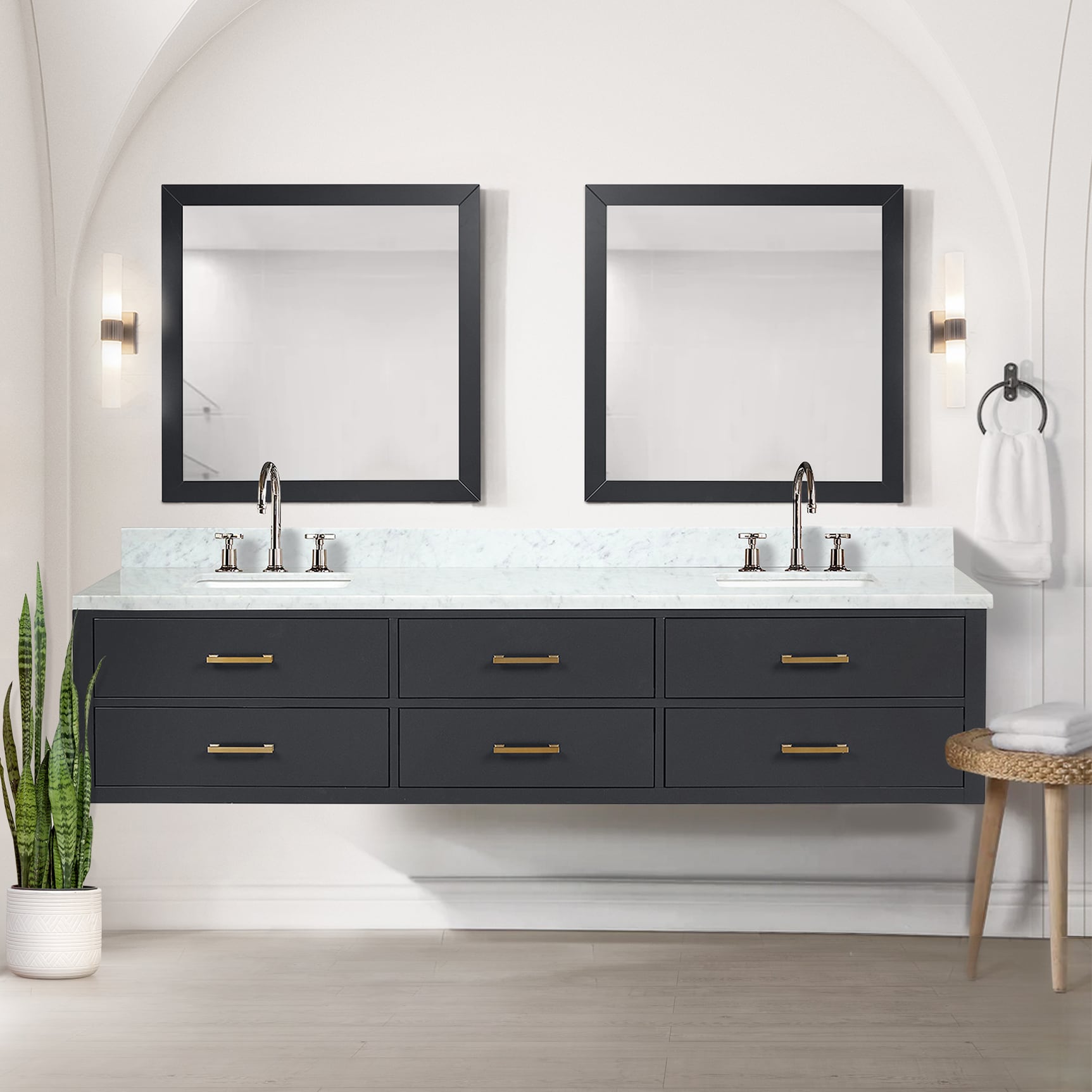 Southold 84-in Black Undermount Double Sink Floating Bathroom Vanity with White Marble Top | - Lexora LVSO84DL101