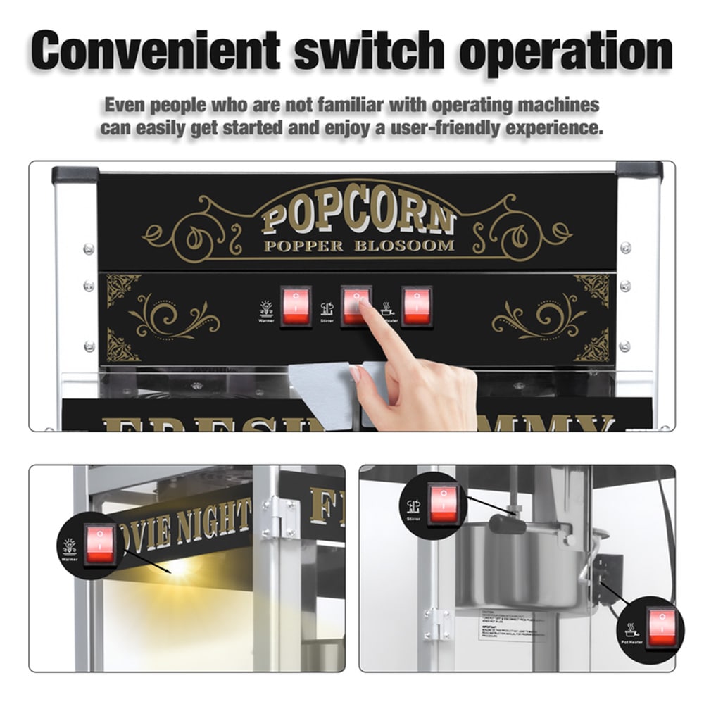 KitchenTour Commercial Popcorn Machine with Cart and 20-Ounce ...