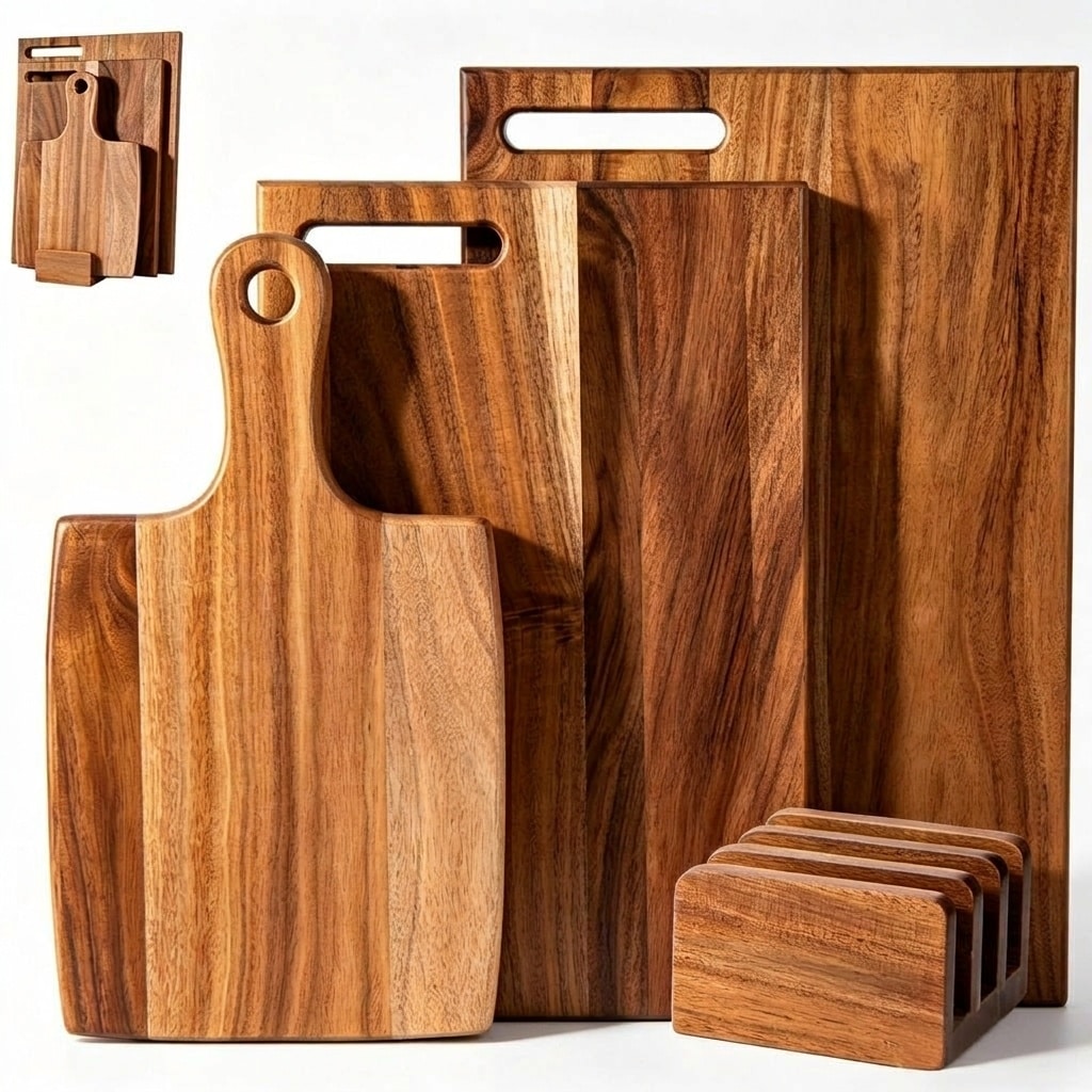 Etokfoks  3 Piece Natural Acacia Wood Cutting Board Set with Stand Multi Use Kitchen Chopping and Serving Boards