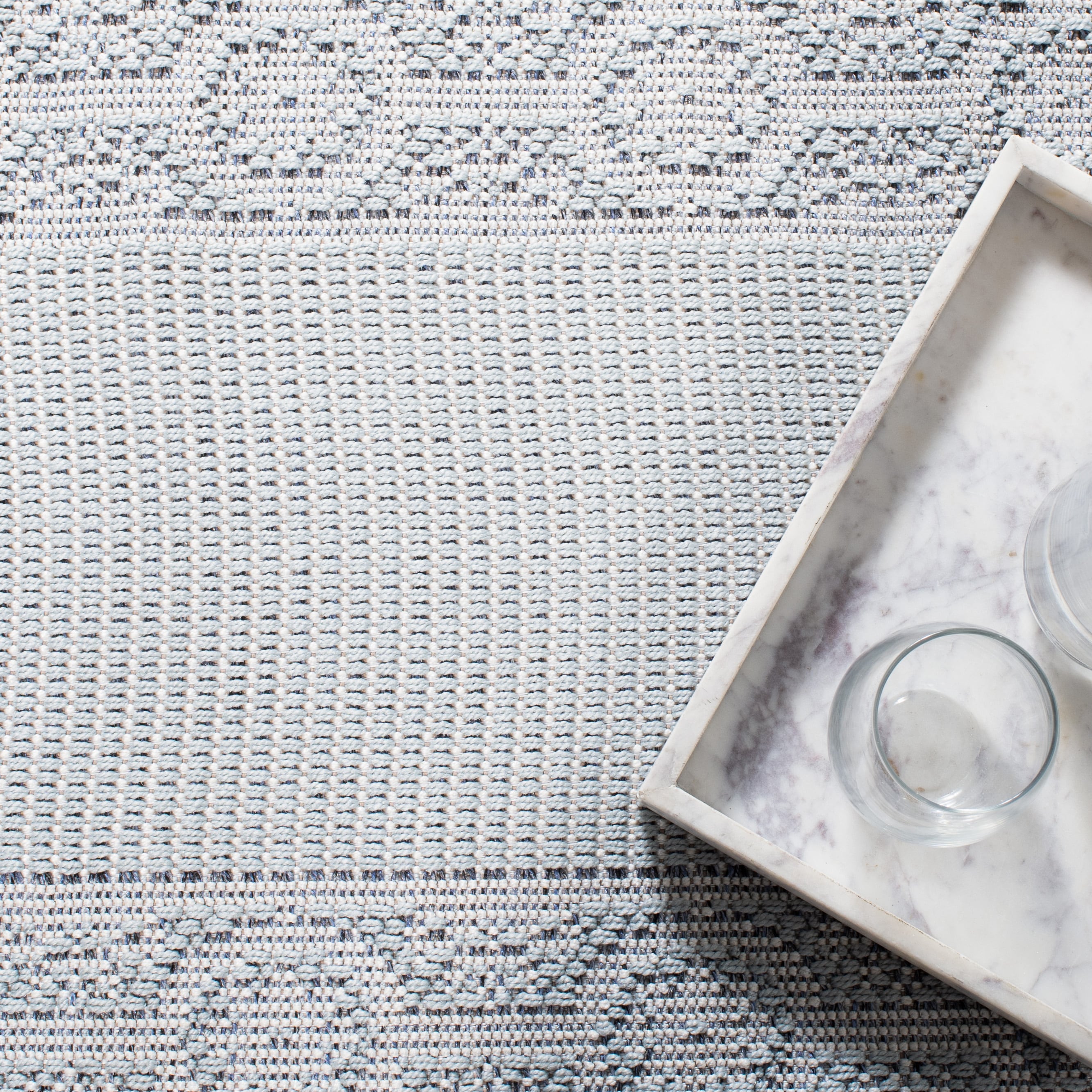 Aqua and Cream Floral Bordered Indoor/Outdoor Runner Rug