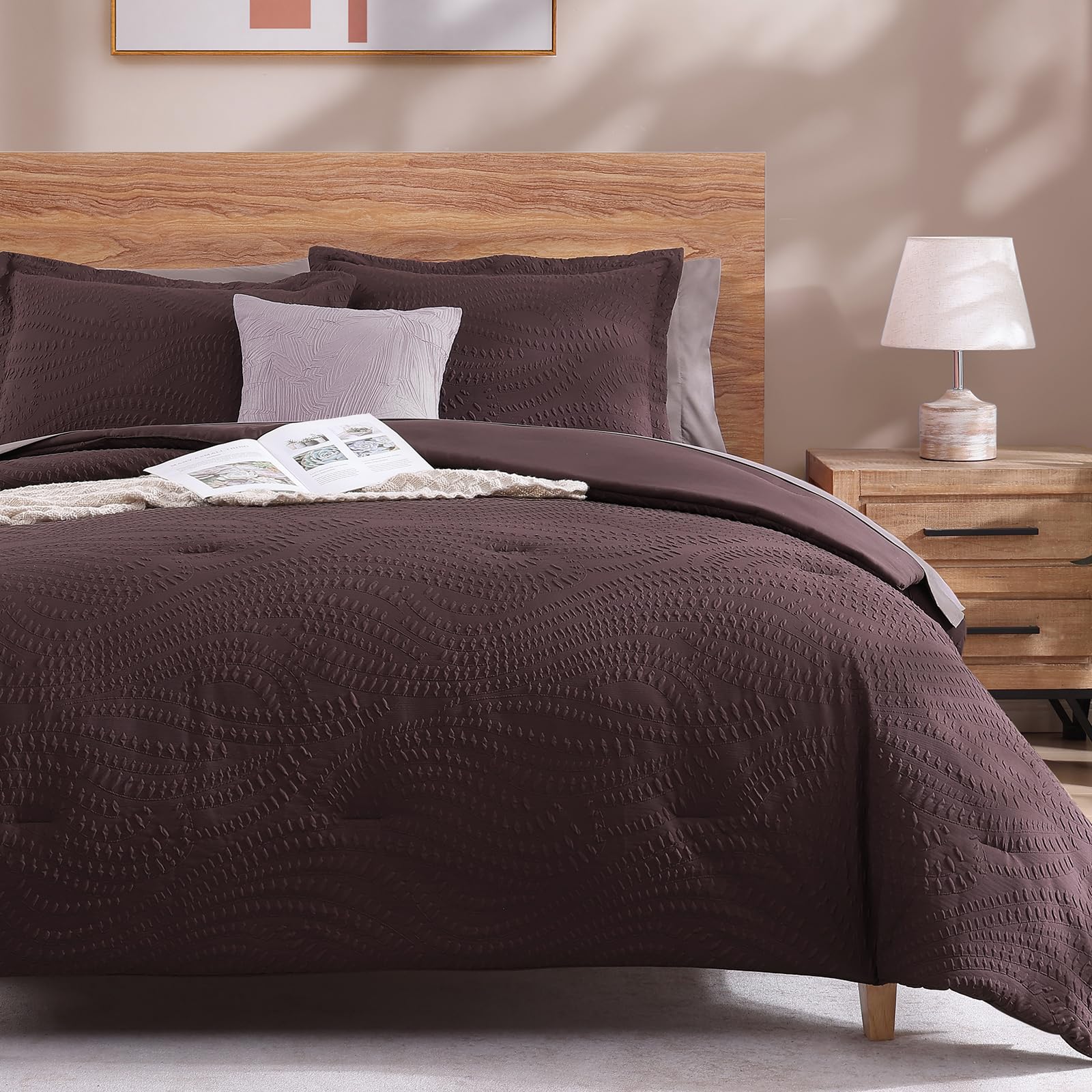 OMOMMD Plum King Comforter Set 7 Piece Botanical Textured All Season Bed In A Bag Soft Breathable Easy Care