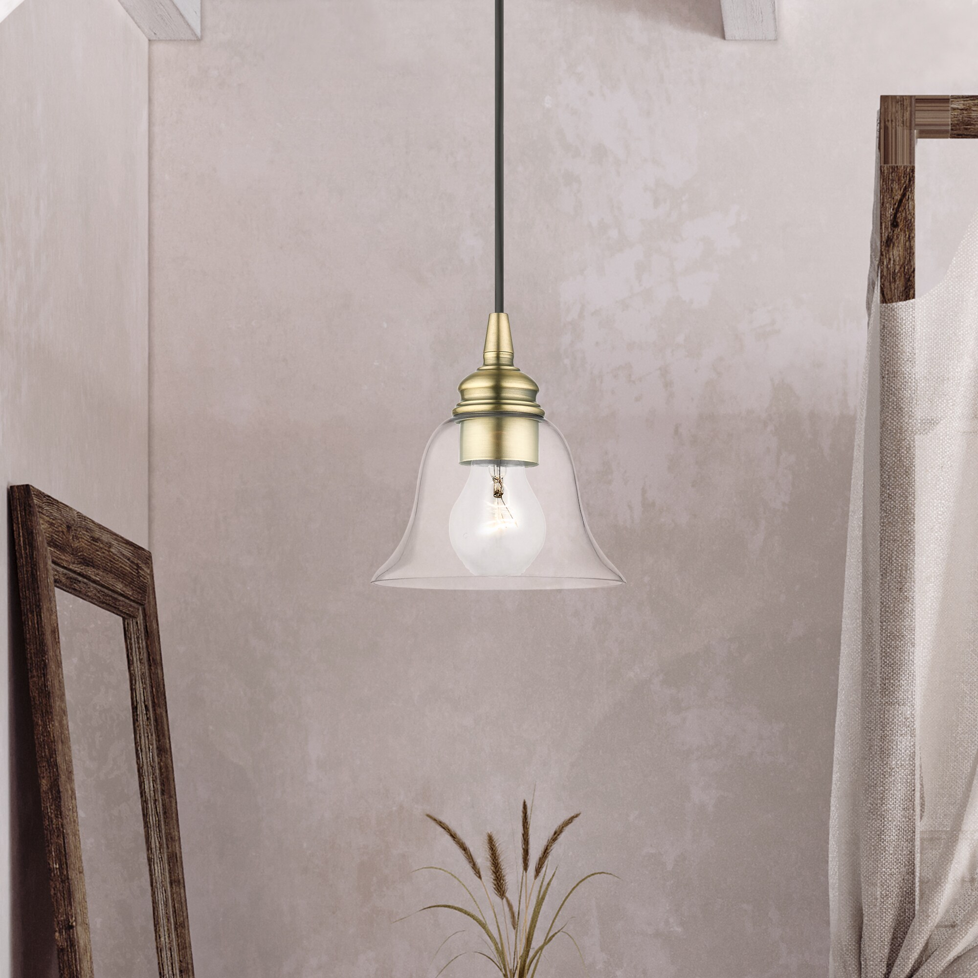 Transitional Hand-Blown Clear Glass Pendant in Antique Brass