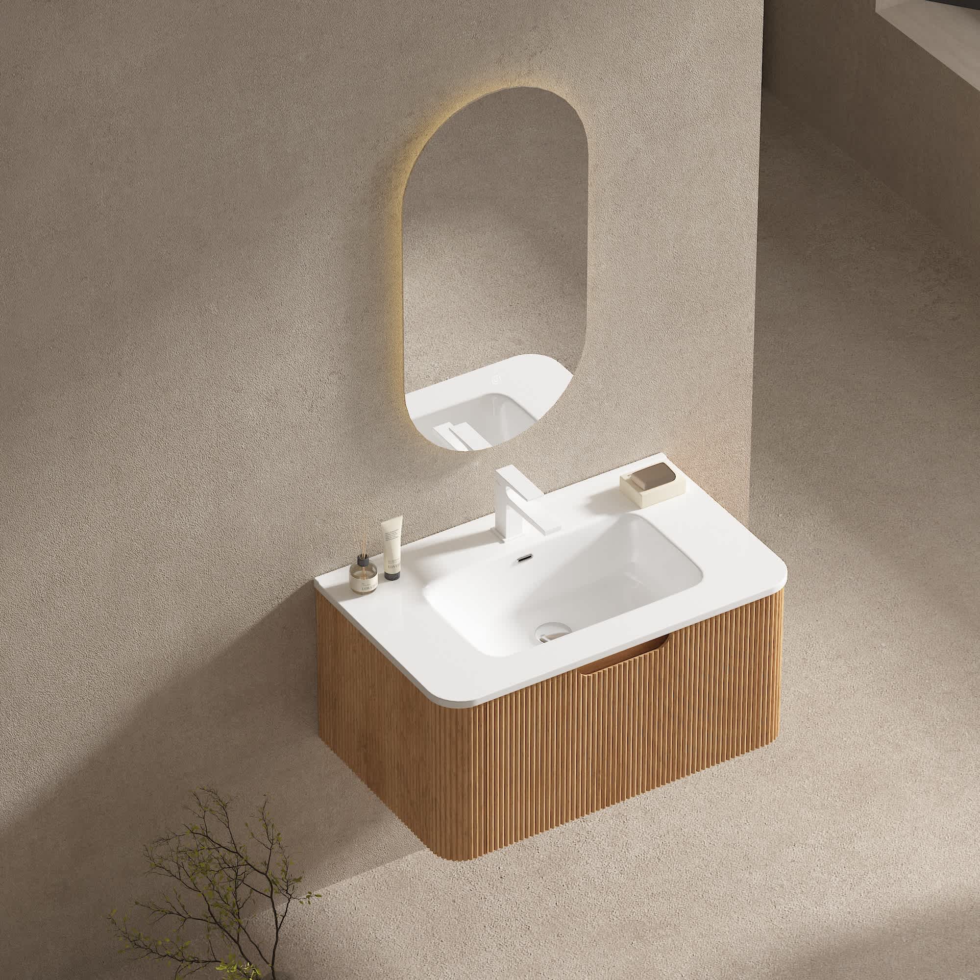 Misty Moon LW0406-SYJ-YSG-ZH08 30 Wall-Mounted Floating Solid Wood Bathroom Vanity Pre-Assembled Curved Edge Storage Bathroom Cabinet in Natural Walnut Color with White Ceramic Basin