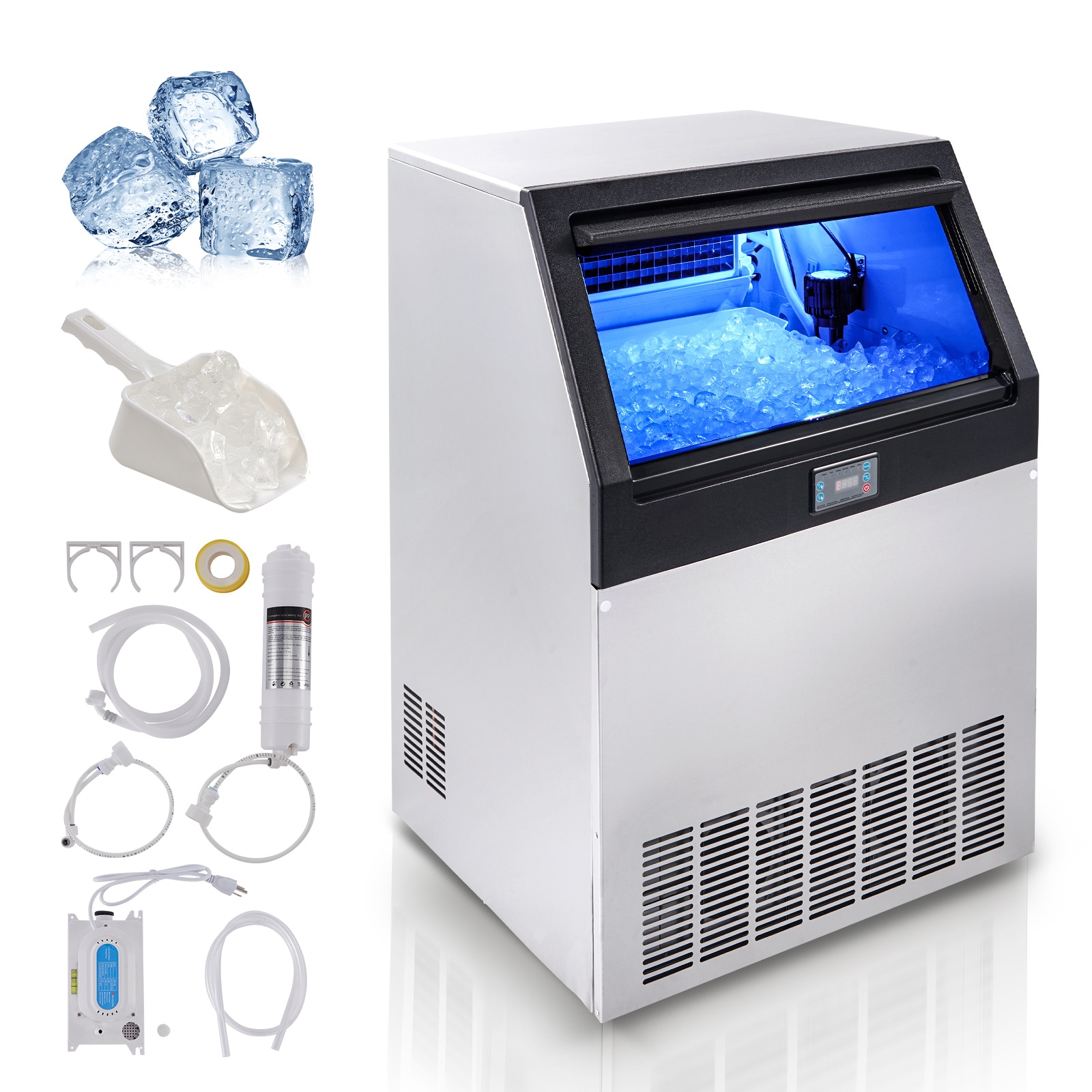 VEVOR SCSYYTSFBZBJ07316V1 Commercial Ice Maker 160lbs/24H Ice Maker Machine 80 Ice Cubes in 12-15 Minutes Freestanding Cabinet Ice Maker with 66lbs Storage Capacity LED Digital Display for Bar Home Office Restaurant