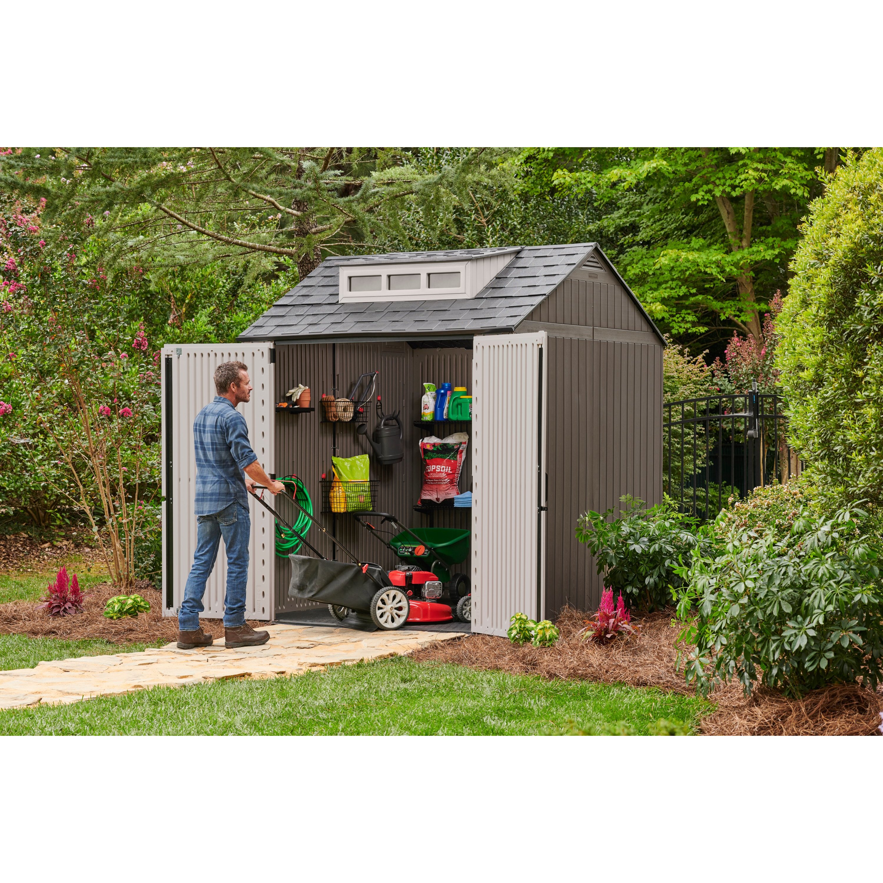 Brown Resin Medium Outdoor Storage Shed with Windows, 7 x 7 ft